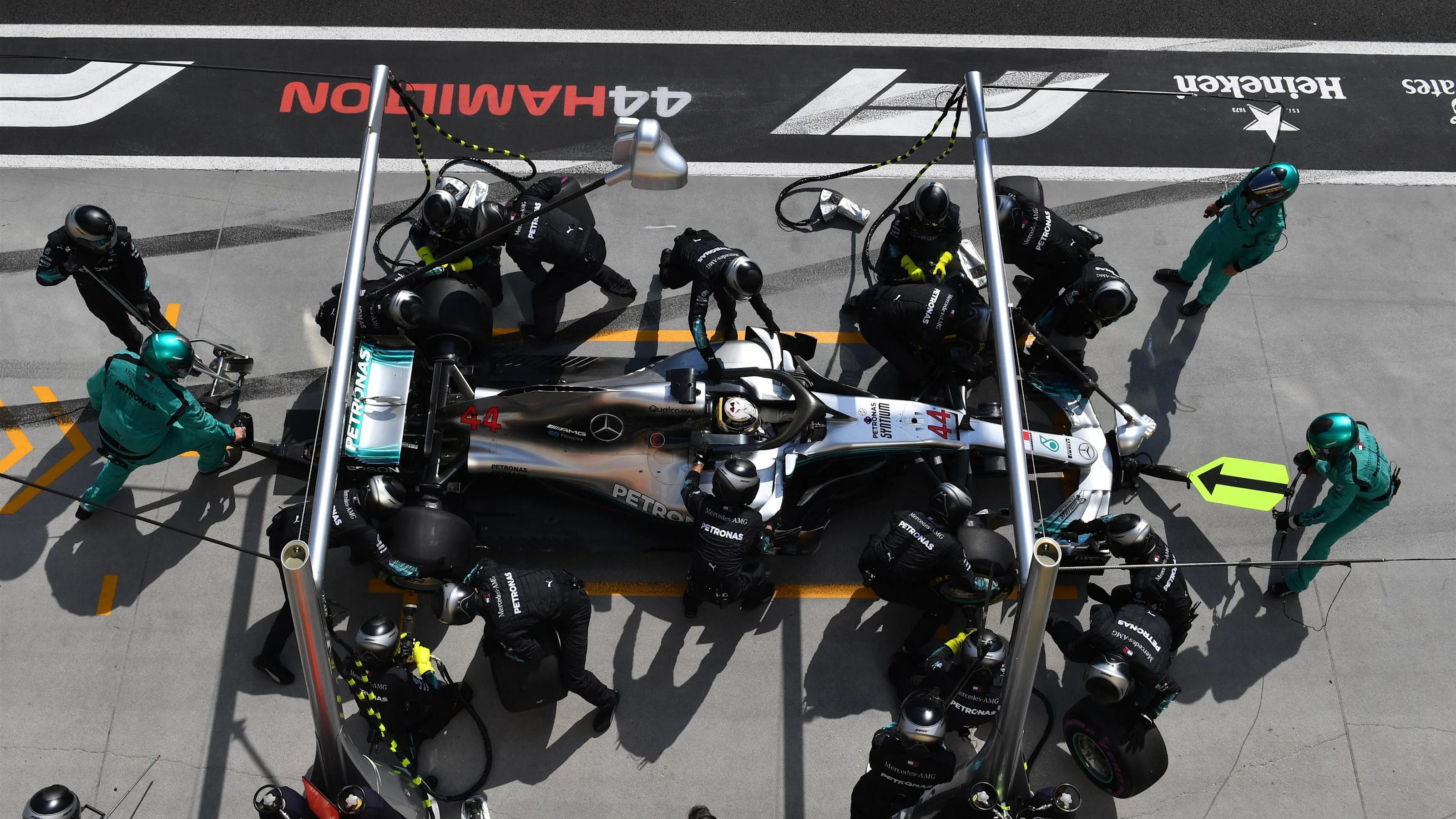 Lewis Hamilton (GBR) Mercedes-AMG F1 W09 EQ Power+ pit stop at Formula One World Championship,