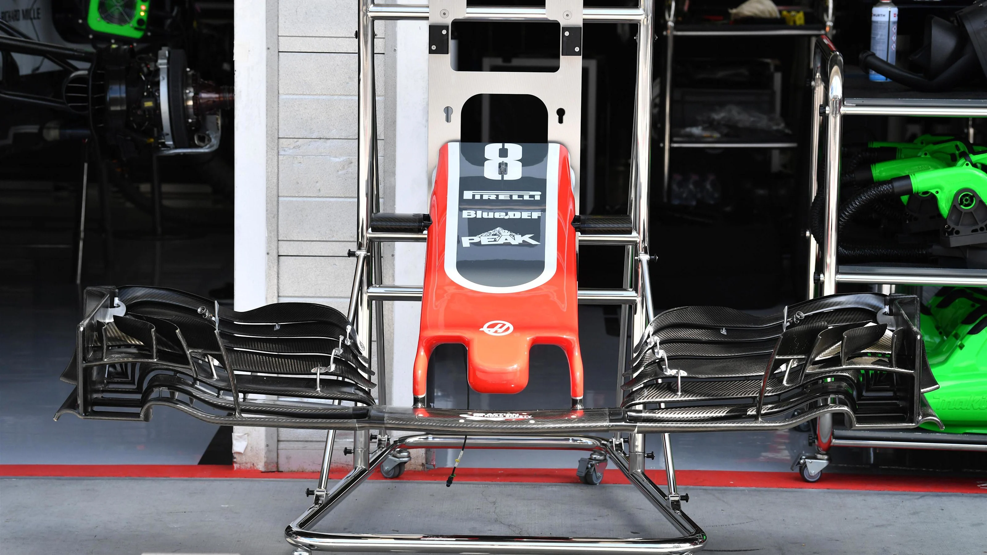 Haas VF-18 nose and front wing at Formula One World Championship, Rd12, Hungarian Grand Prix,