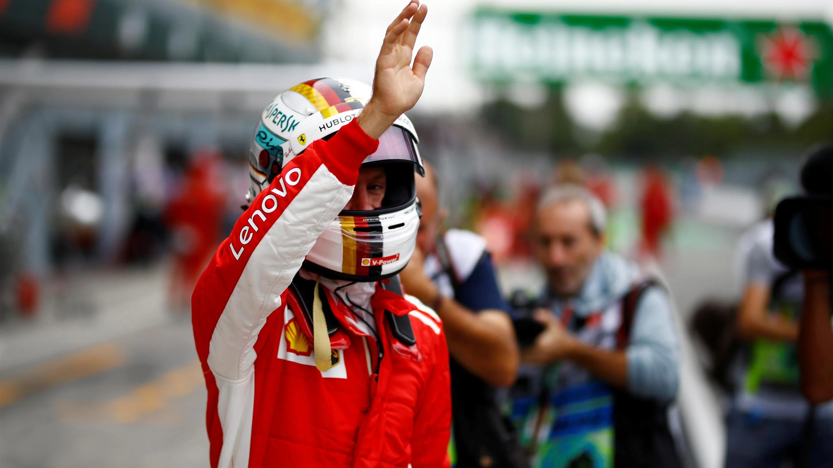 Sebastian Vettel, Ferrari waves to the fans after FP2 at Formula One World Championship, Rd14,
