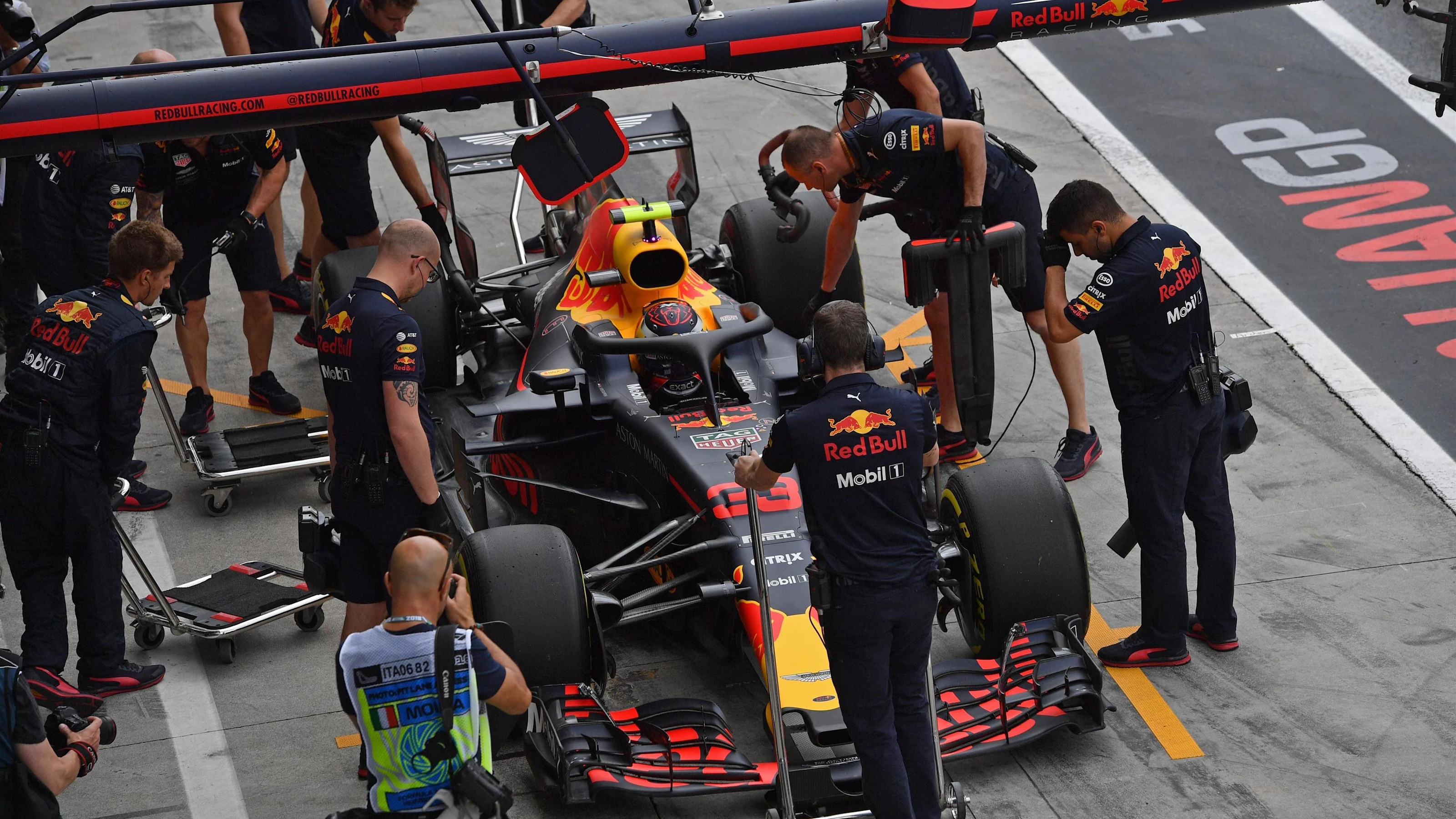 Max Verstappen, Red Bull Racing RB14 in his pit box at Formula One World Championship, Rd14,