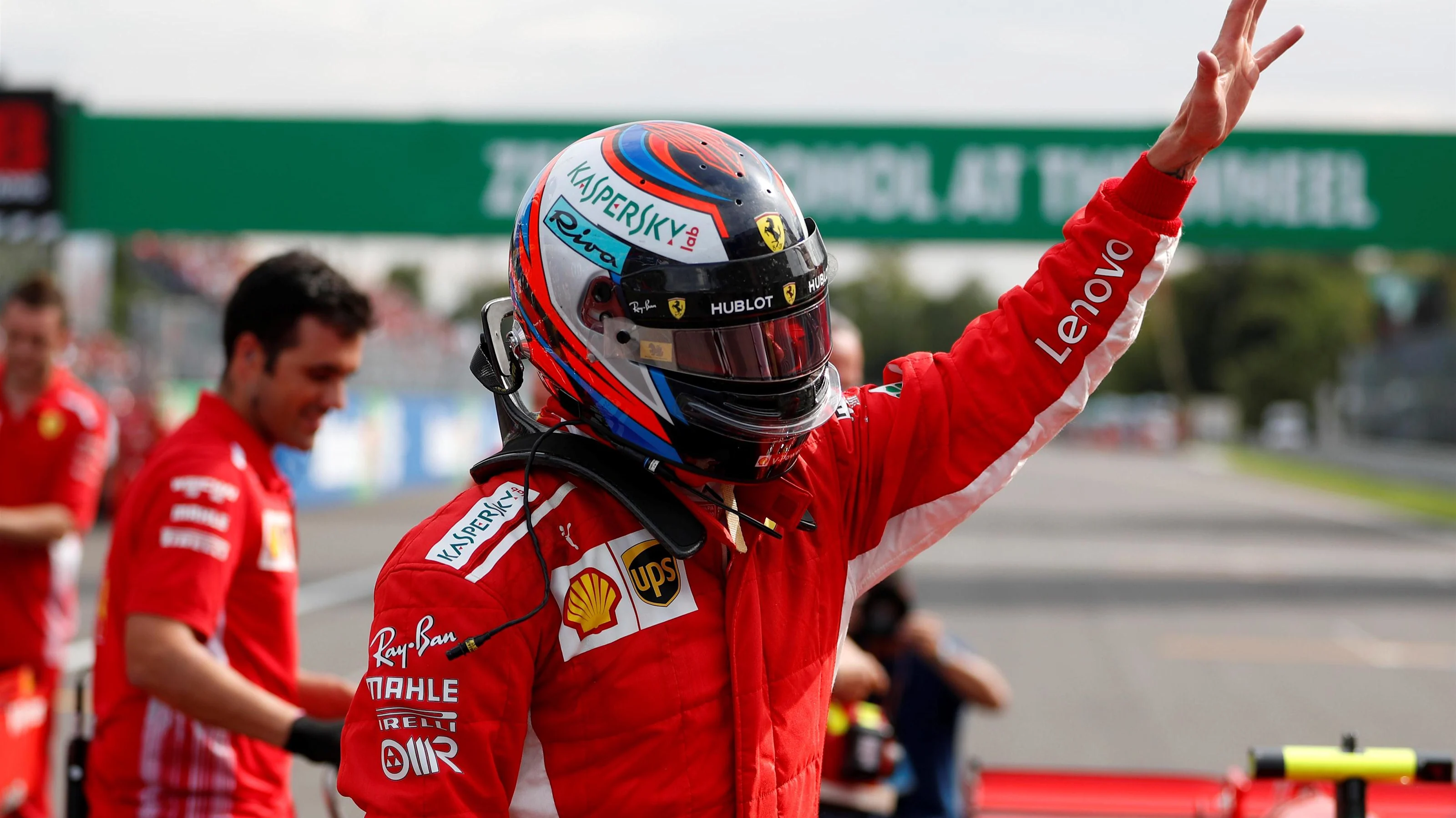 Pole sitter Kimi Raikkonen, Ferrari celebrates in parc ferme at Formula One World Championship,