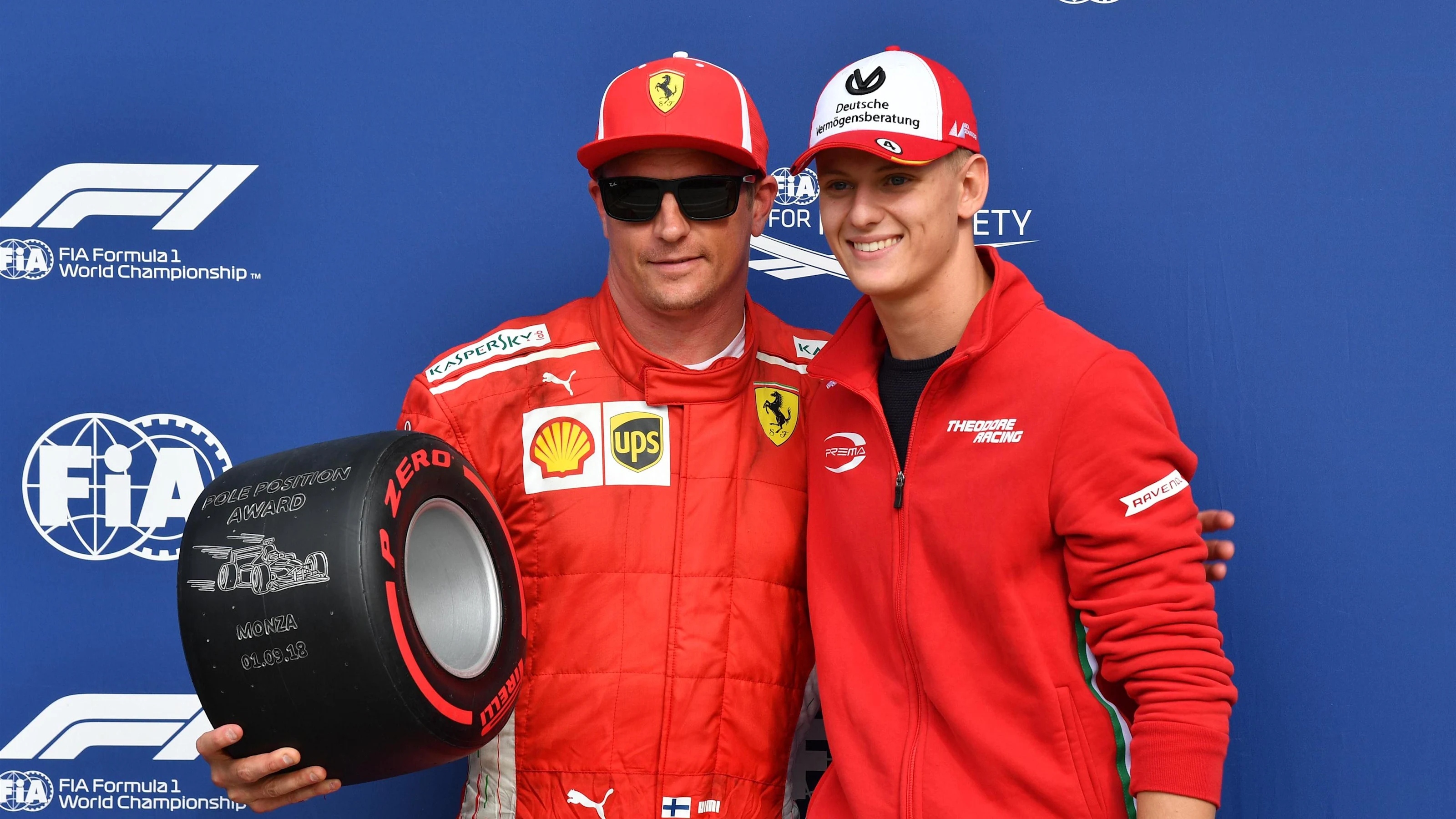 Mick Shcumacher presents the Pirelli Pole Position Award to Kimi Raikkonen, Ferrari at Formula One