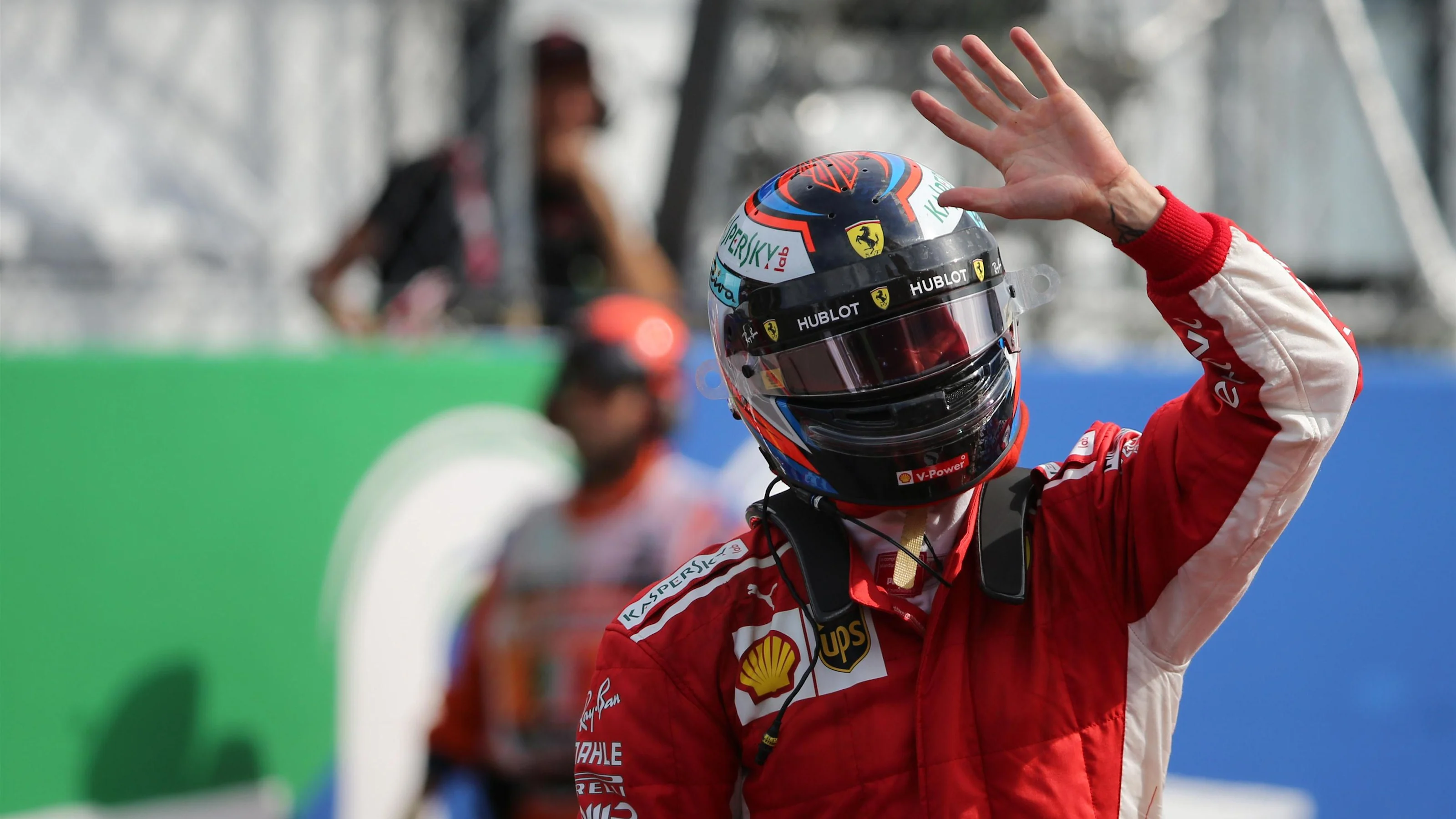 Pole sitter Kimi Raikkonen, Ferrari celebrates in parc ferme at Formula One World Championship,