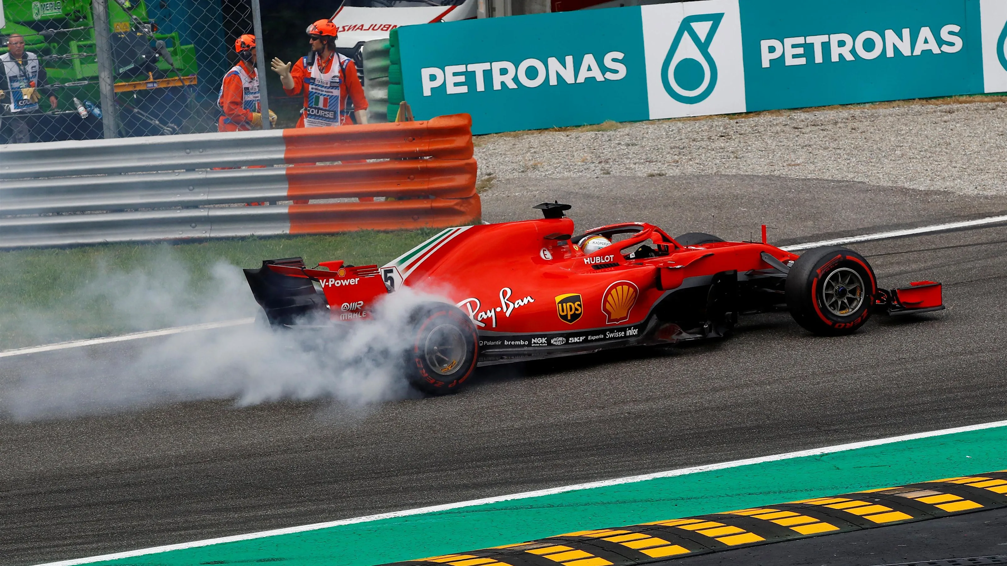 Sebastian Vettel, Ferrari SF71H spins with damage on lap one at Formula One World Championship,