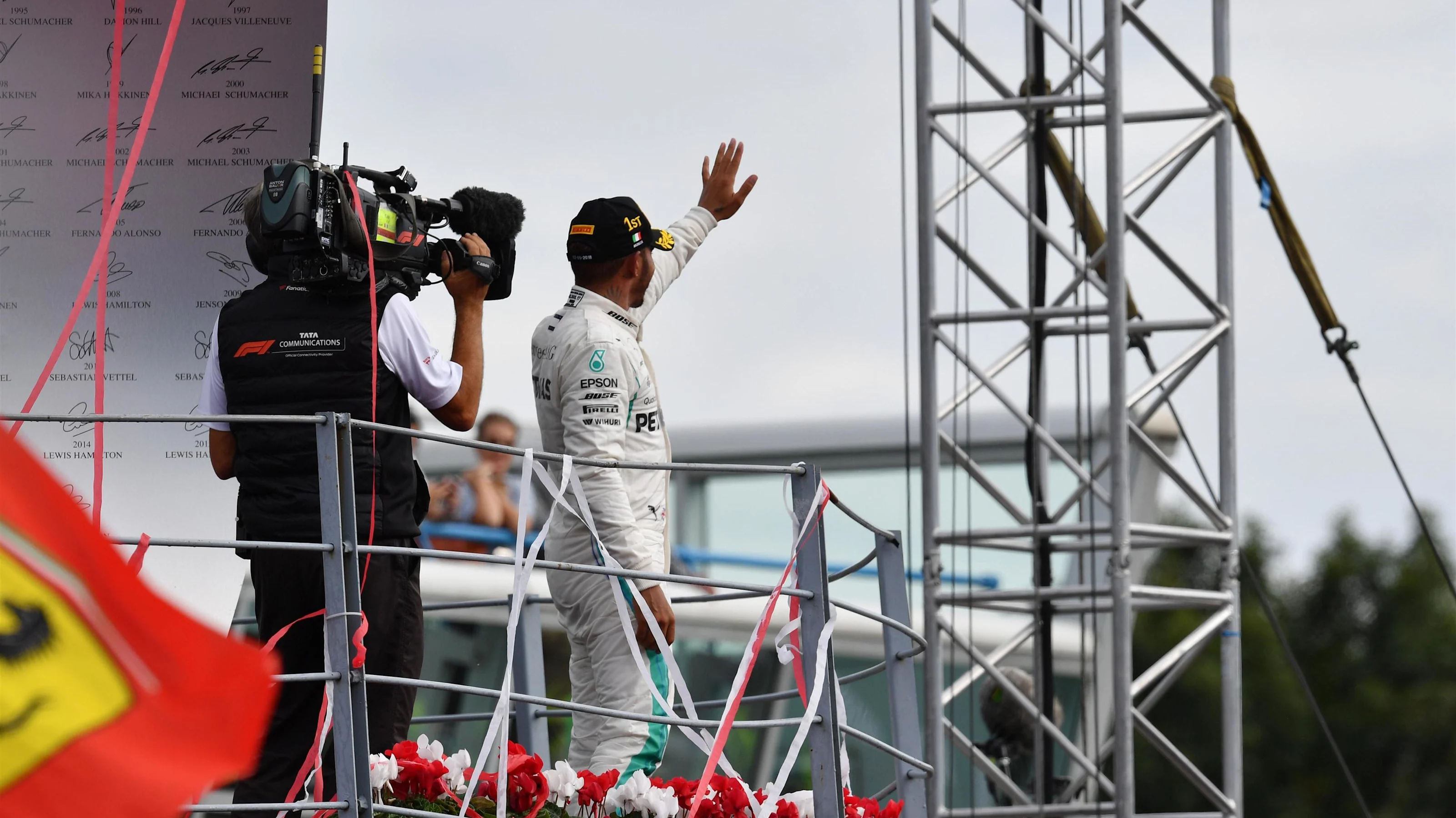 Race winner Lewis Hamilton, Mercedes AMG F1 celebrates on the podium at Formula One World