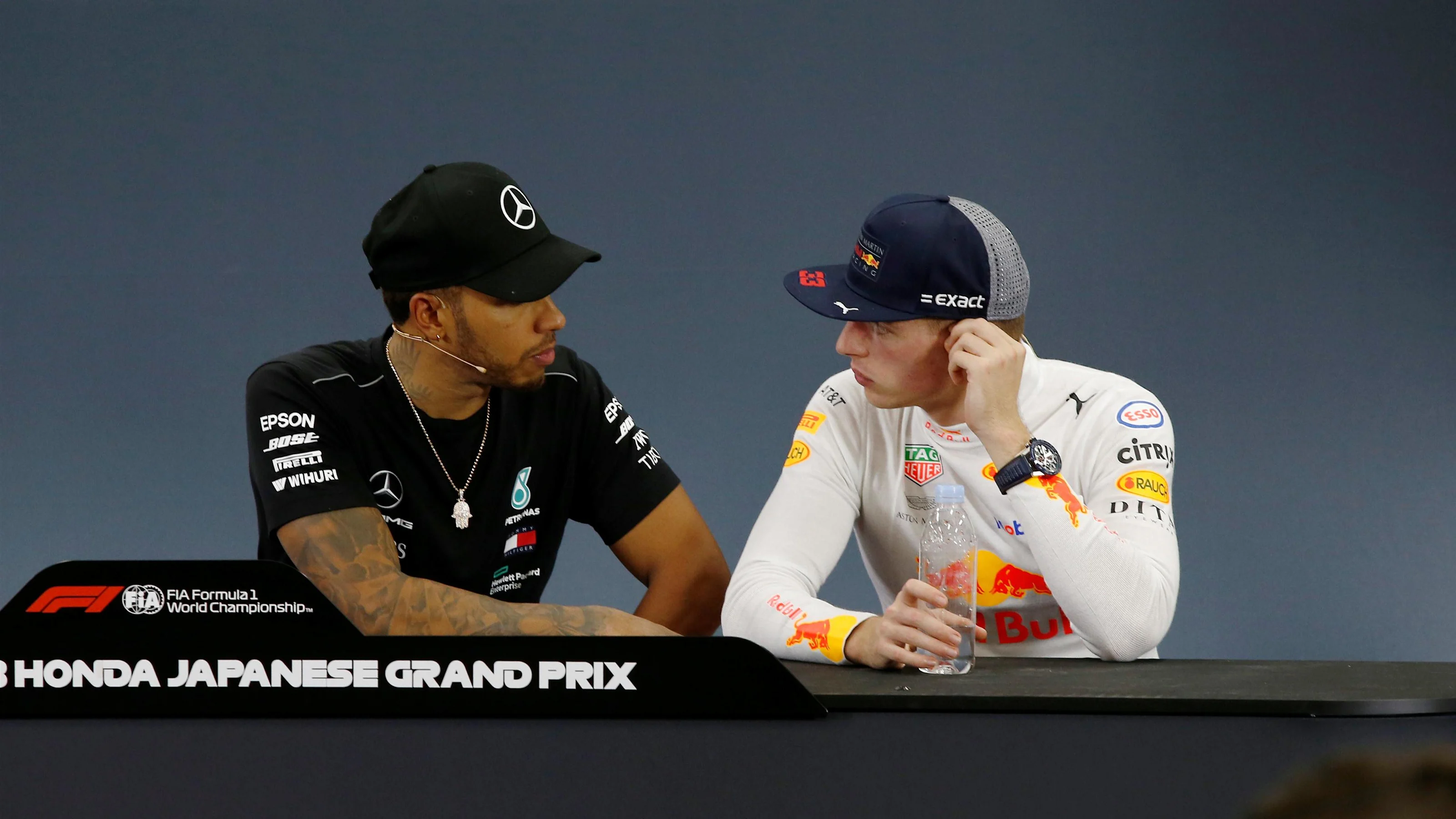 Lewis Hamilton, Mercedes AMG F1 and Max Verstappen, Red Bull Racing in the Press Conference at