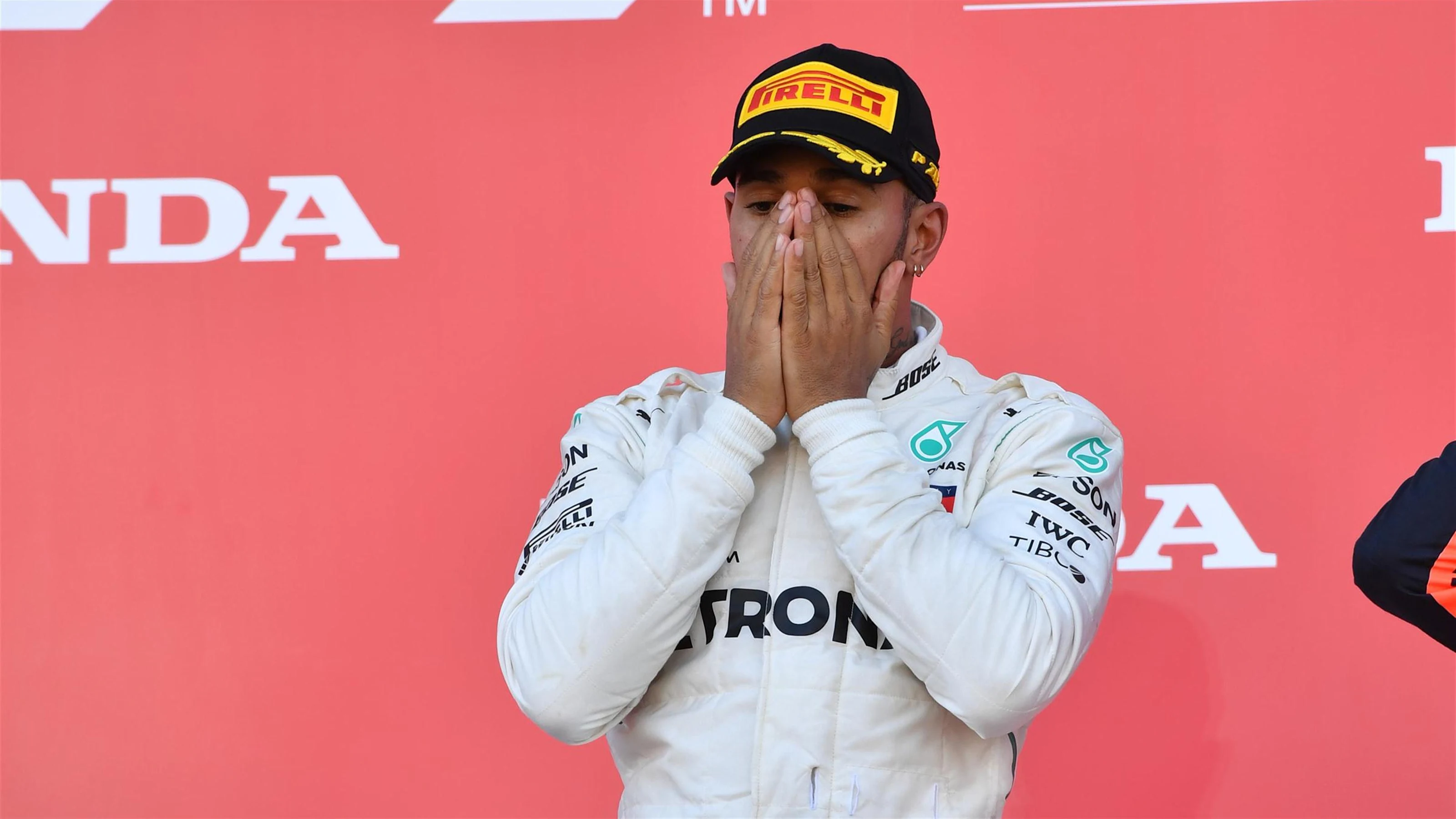 Race winner Lewis Hamilton, Mercedes AMG F1 celebrates on the podium at Formula One World