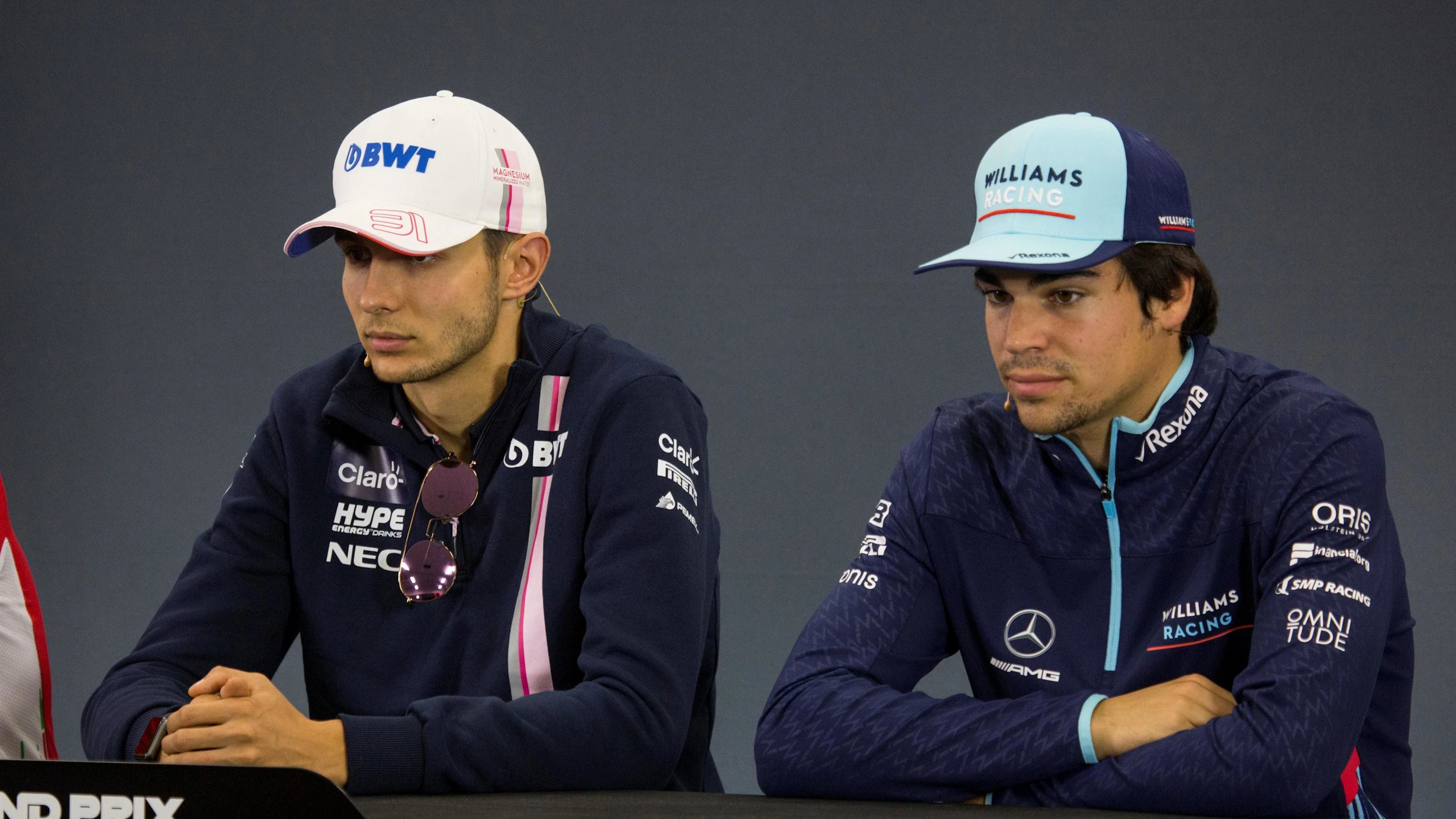 (L to R): Esteban Ocon, Racing Point Force India F1 Team and Lance Stroll, Williams Racing in Press