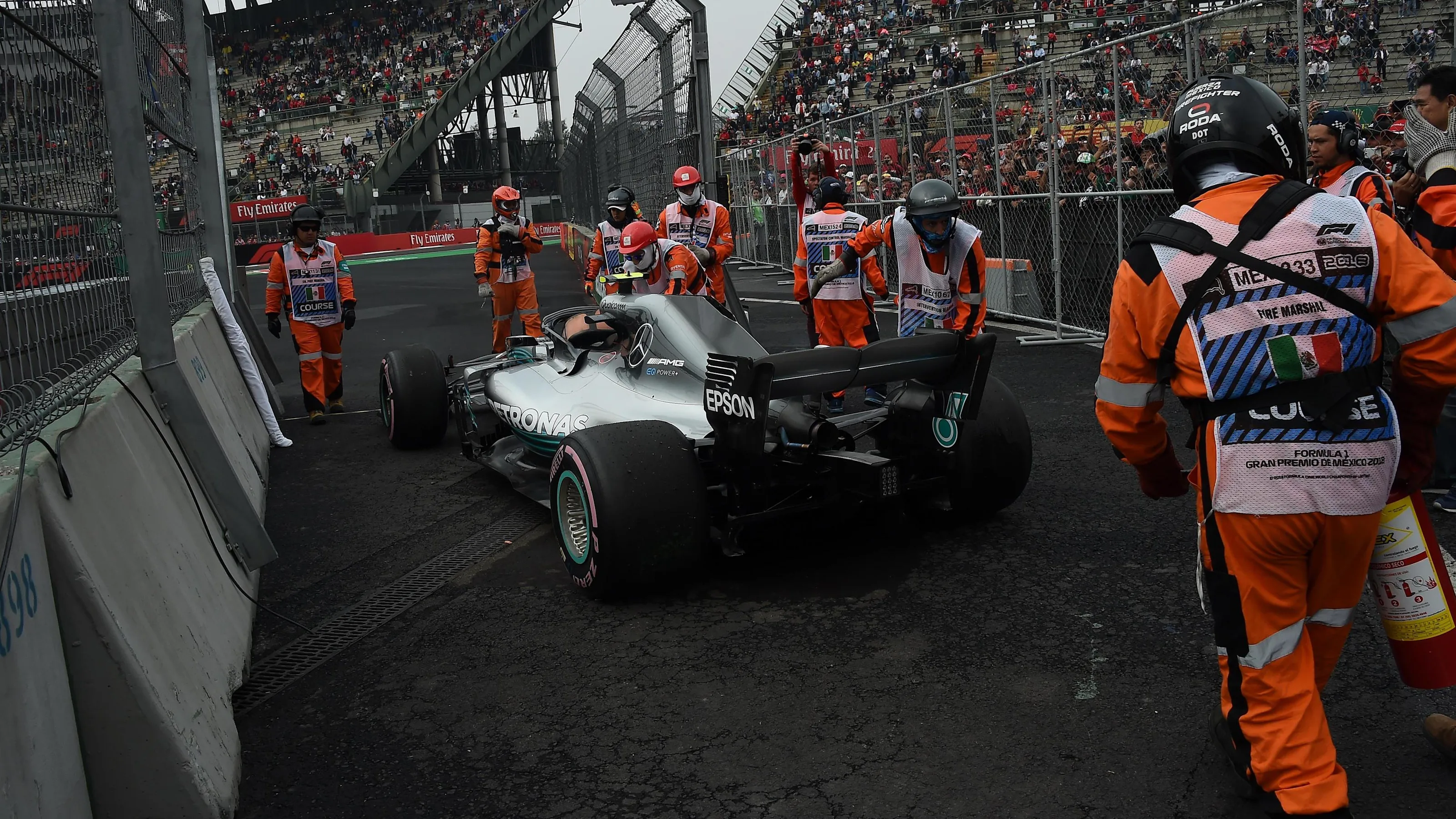 Car of Valtteri Bottas, Mercedes AMG F1 after stopping on track during FP2 at Formula One World
