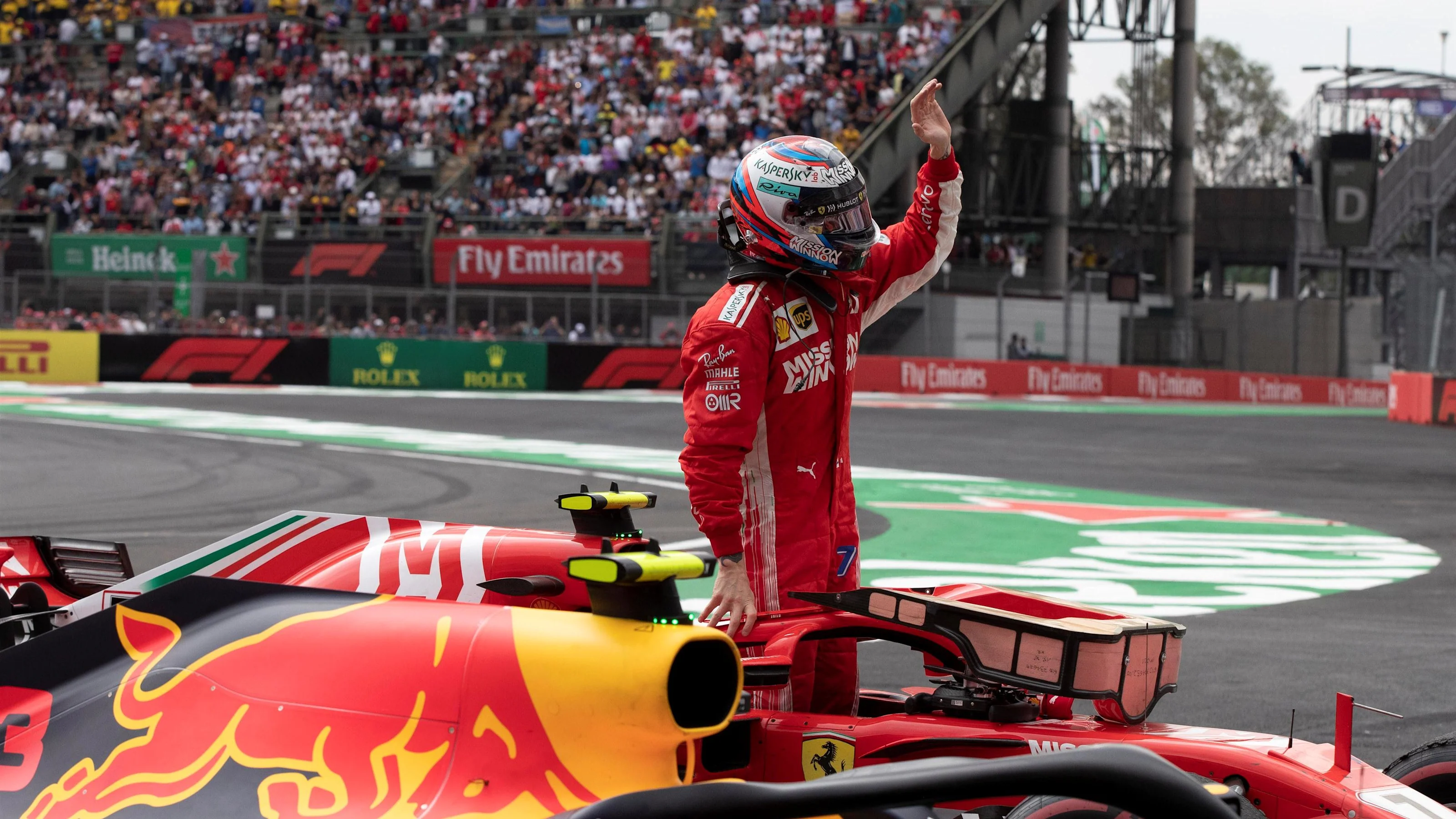 Kimi Raikkonen, Ferrari SF71H celebrates in Parc Ferme at Formula One World Championship, Rd19,