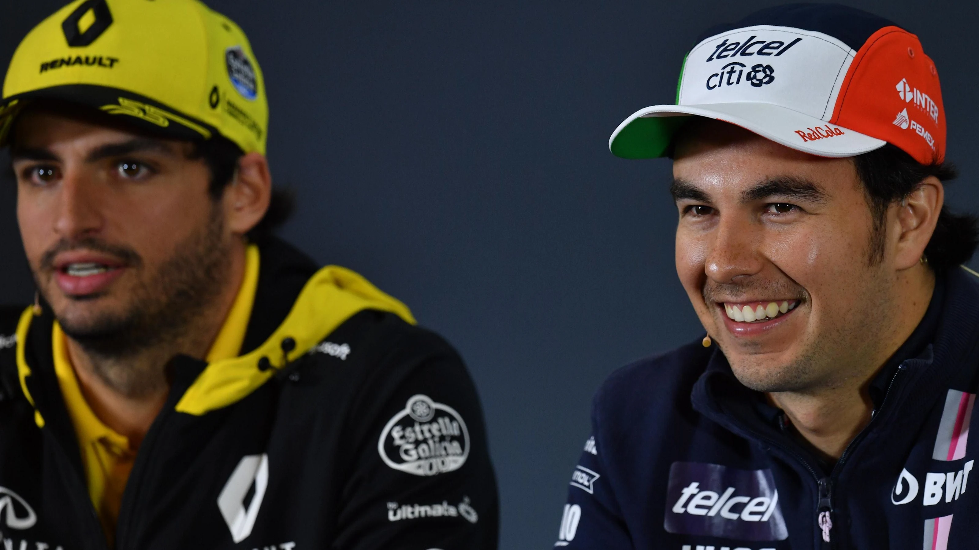 Carlos Sainz Jr, Renault Sport F1 Team and Sergio Perez, Racing Point Force India F1 Team in Press
