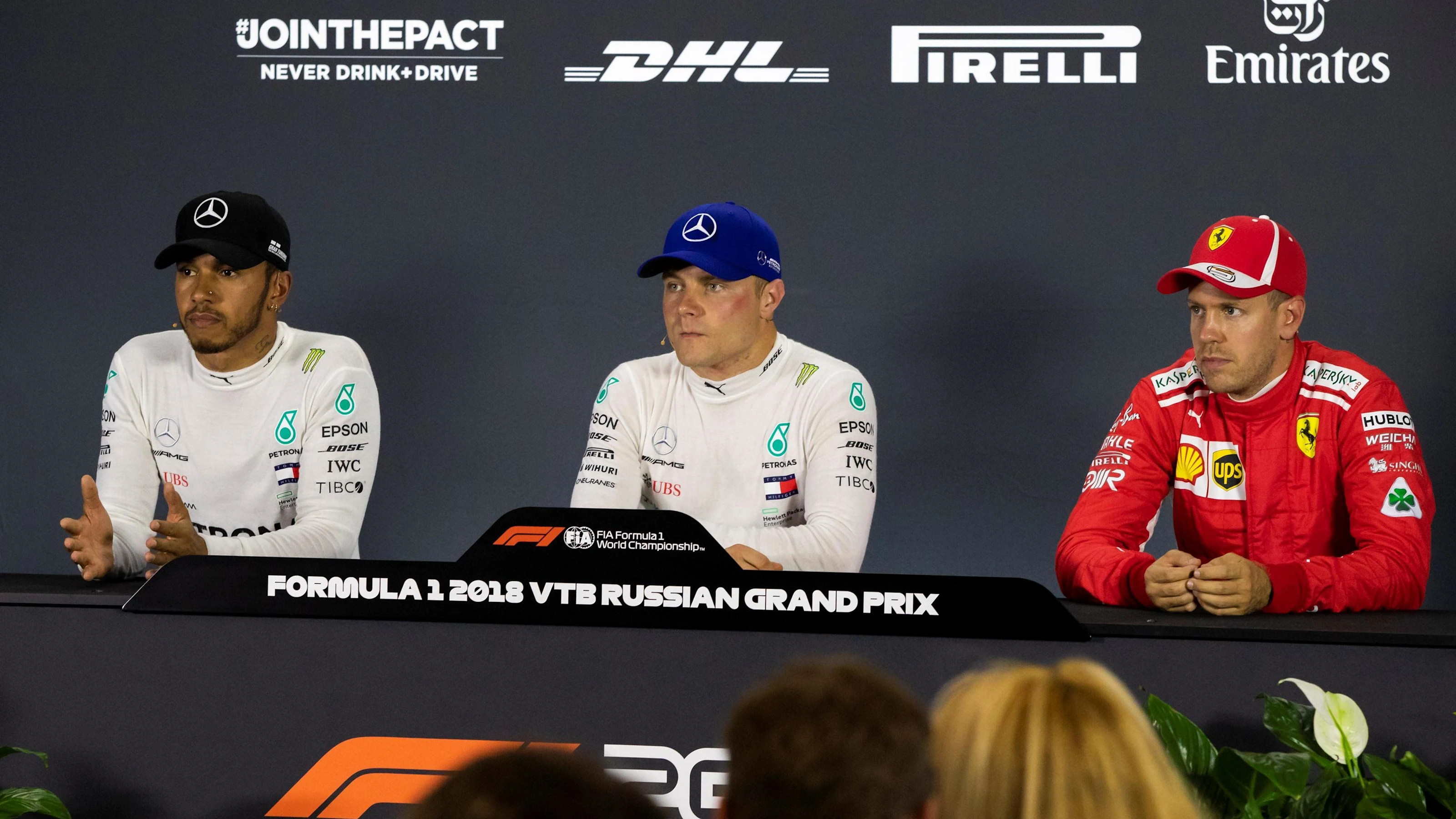 (L to R): Lewis Hamilton, Mercedes AMG F1, Valtteri Bottas, Mercedes AMG F1 and Sebastian Vettel,