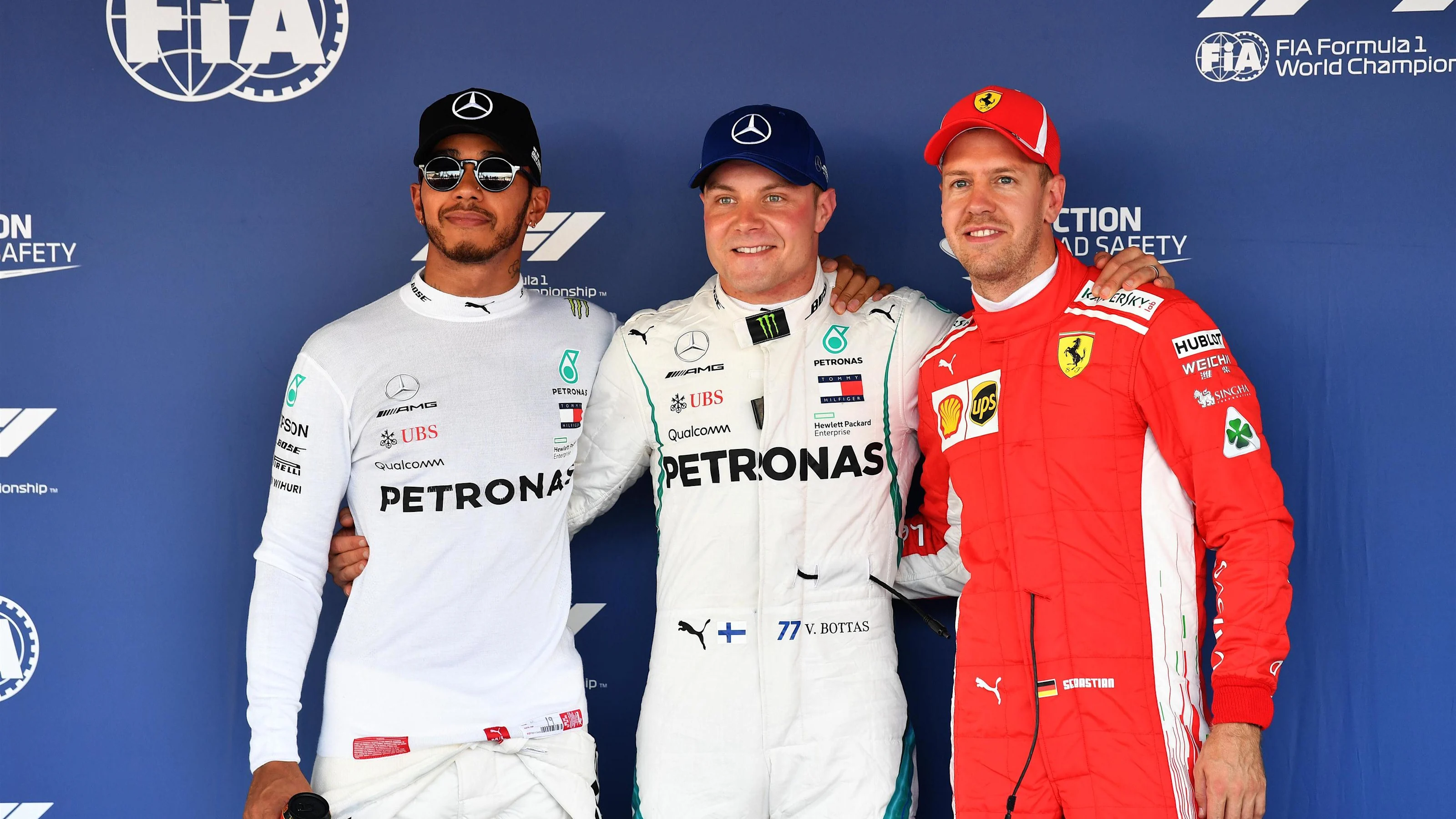 (L to R): Lewis Hamilton, Mercedes AMG F1, Valtteri Bottas, Mercedes AMG F1 and Sebastian Vettel,