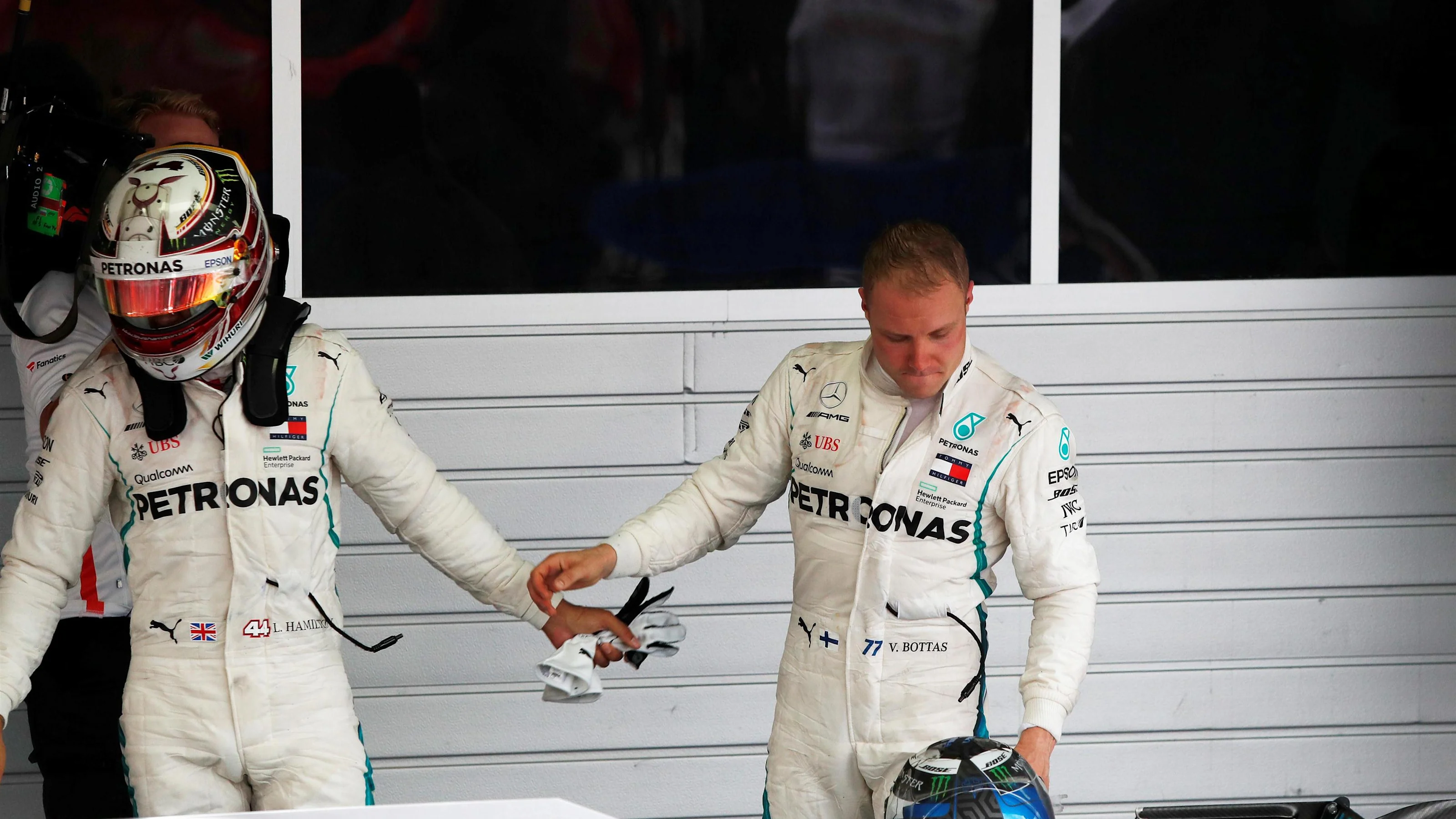 Lewis Hamilton, Mercedes AMG F1 and Valtteri Bottas, Mercedes AMG F1 in parc ferme at Formula One