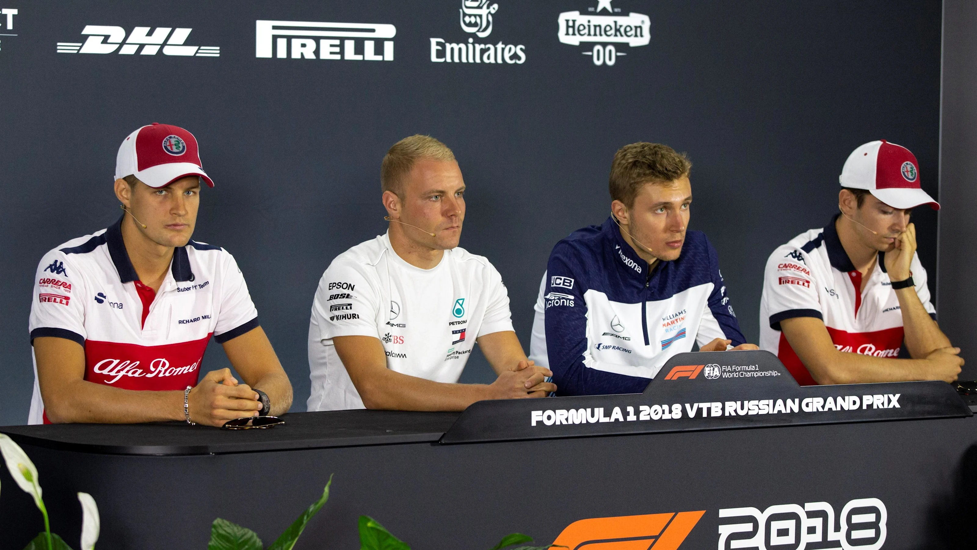 (L to R): Marcus Ericsson, Alfa Romeo Sauber F1 Team, Valtteri Bottas, Mercedes AMG F1, Sergey
