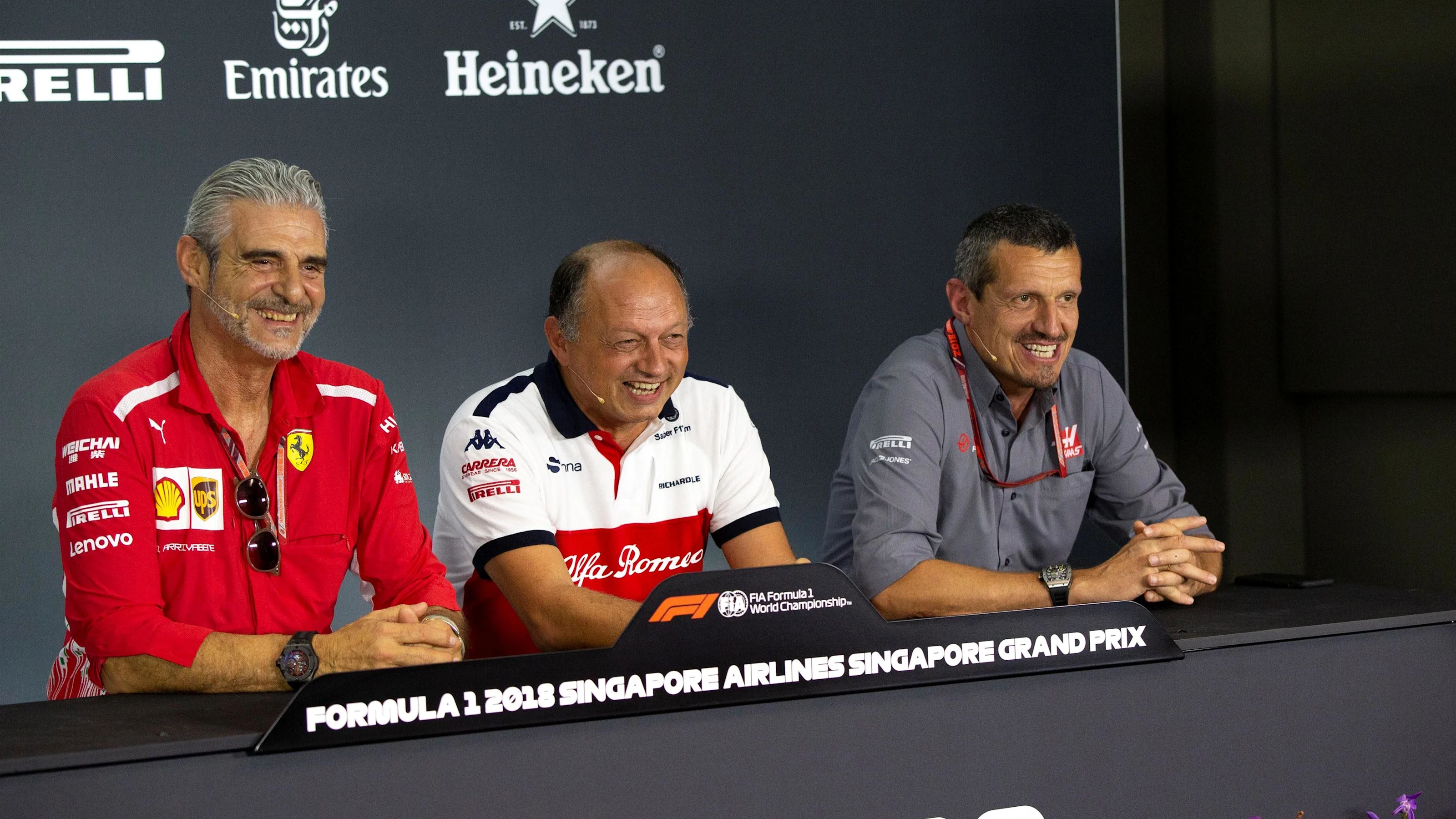 (L to R): Maurizio Arrivabene, Team Principal, Ferrari, Frederic Vasseur, Alfa Romeo Sauber F1