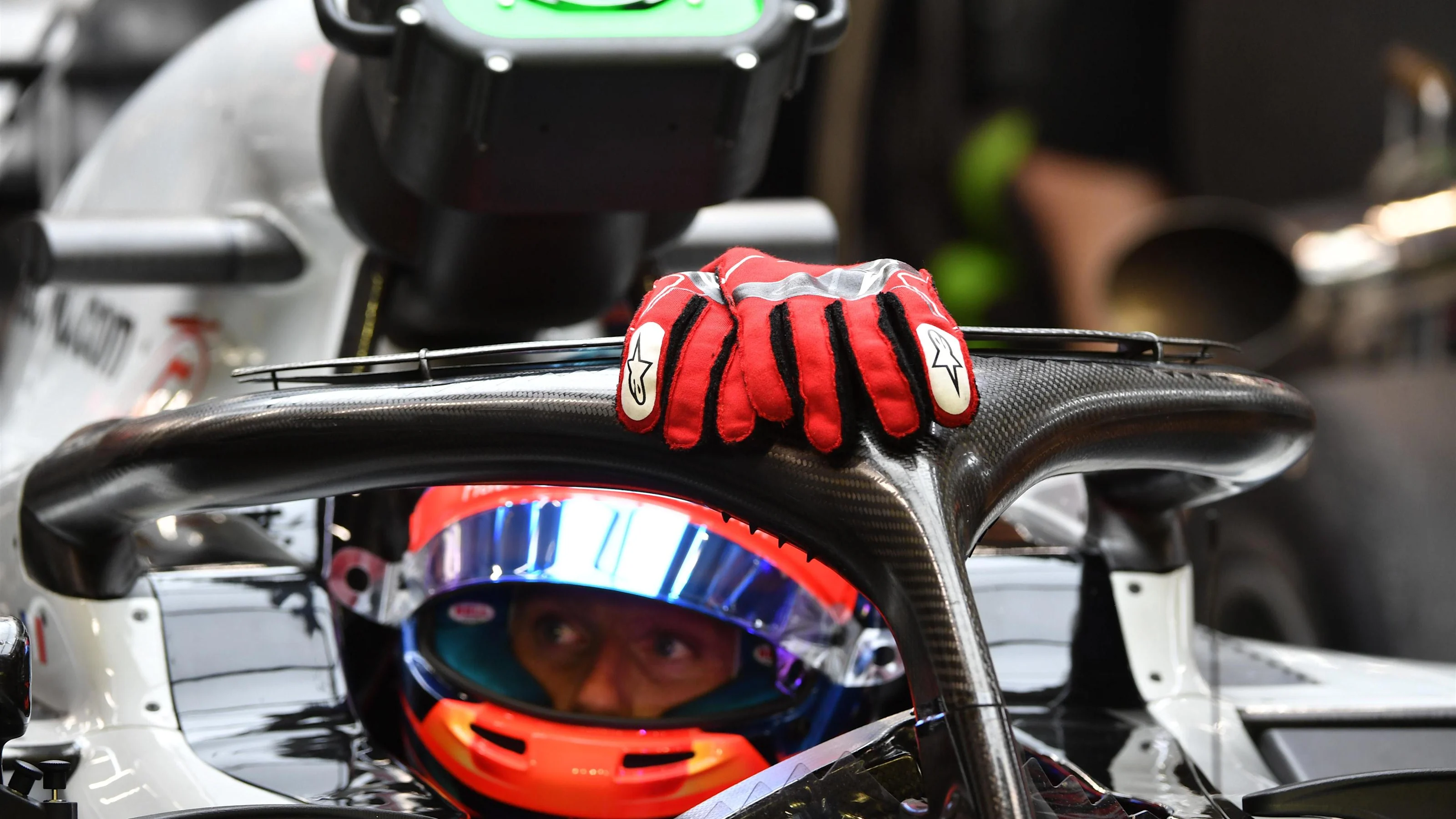 Romain Grosjean, Haas F1 Team VF-18 Alpinestars gloves at Formula One World Championship, Rd15,