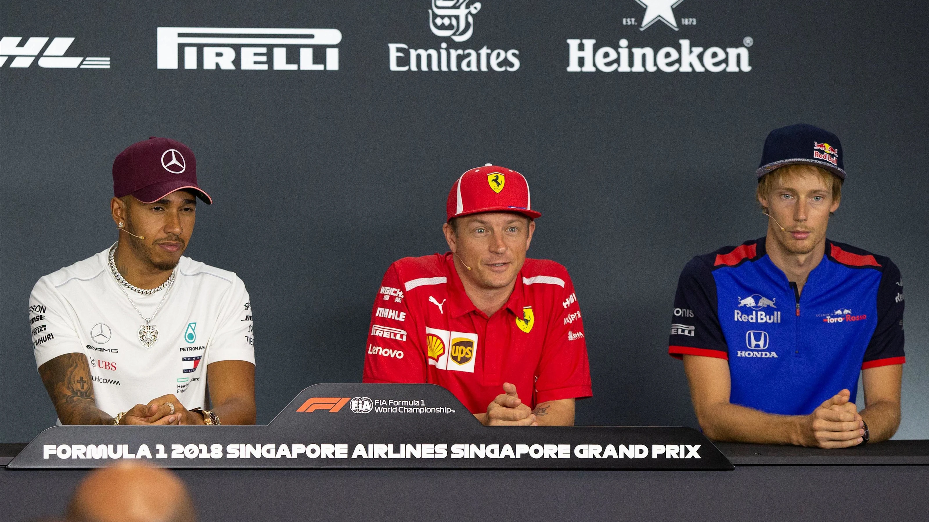 Lewis Hamilton, Mercedes AMG F1, Kimi Raikkonen, Ferrari and Brendon Hartley, Scuderia Toro Rosso