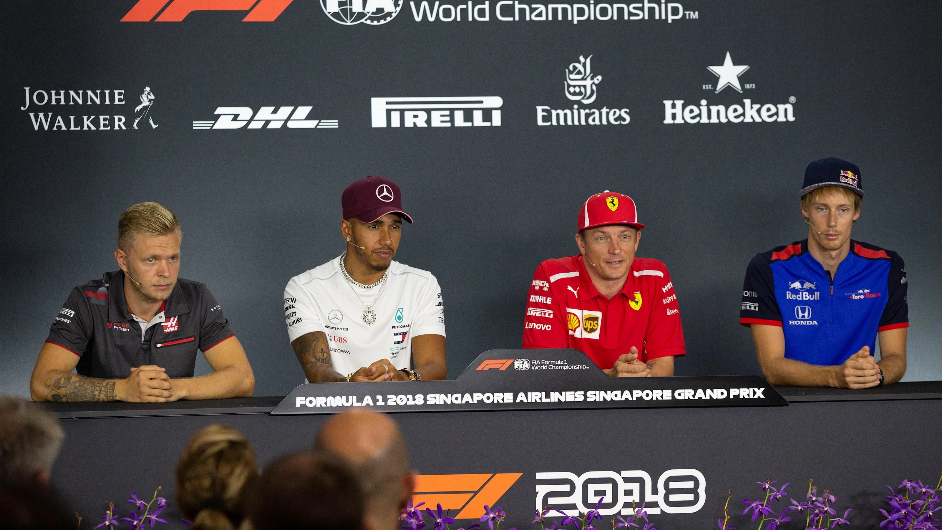Kevin Magnussen, Haas F1 Team, Lewis Hamilton, Mercedes AMG F1, Kimi Raikkonen, Ferrari and Brendon