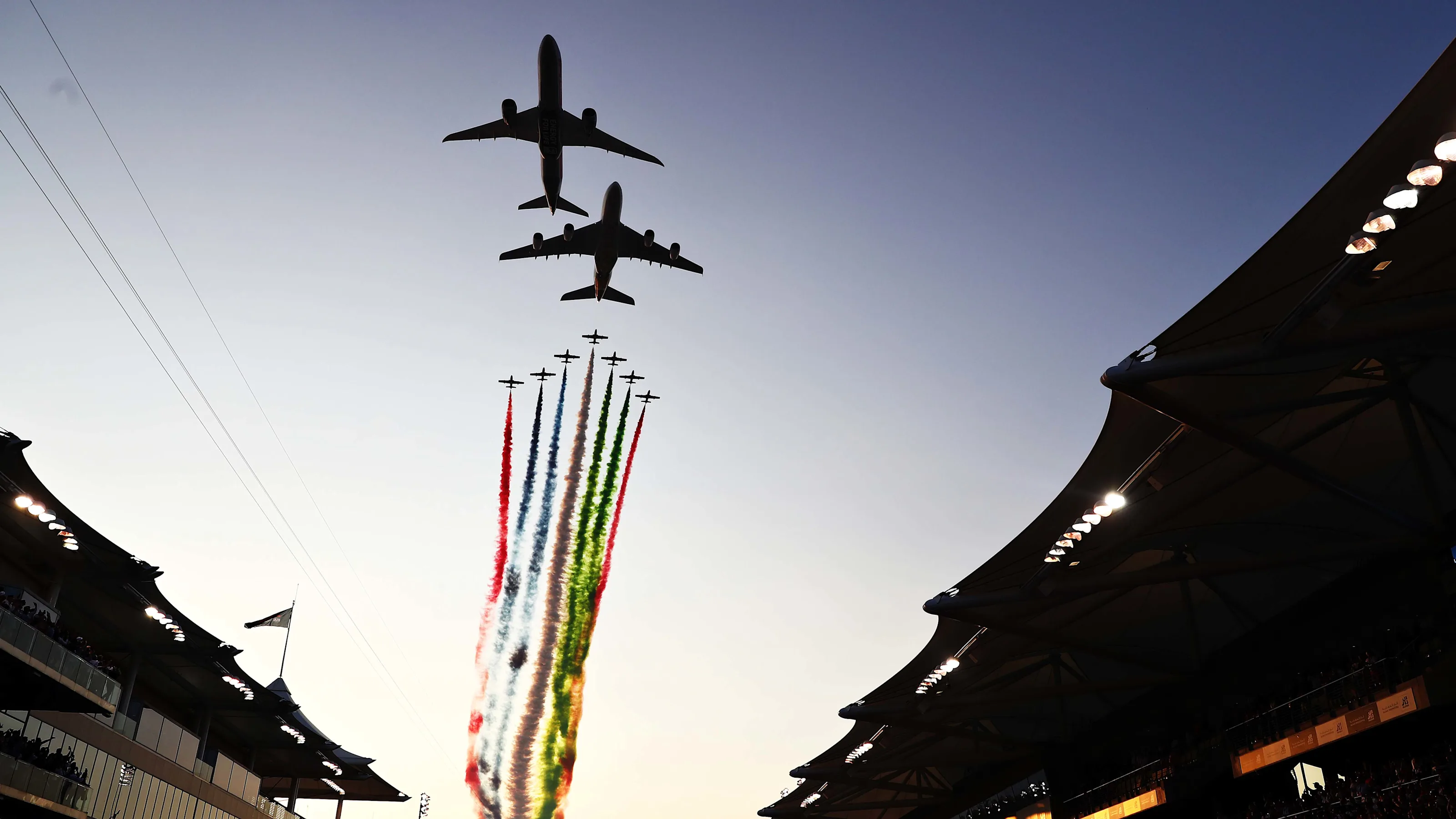 ABU DHABI, UNITED ARAB EMIRATES - DECEMBER 01: An aeronautical display is seen over the grid before