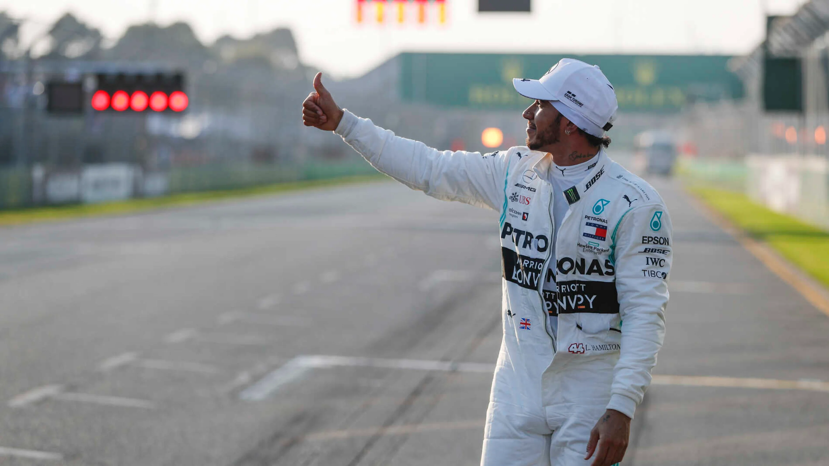 MELBOURNE GRAND PRIX CIRCUIT, AUSTRALIA - MARCH 16: Pole Sitter celebrates Lewis Hamilton, Mercedes