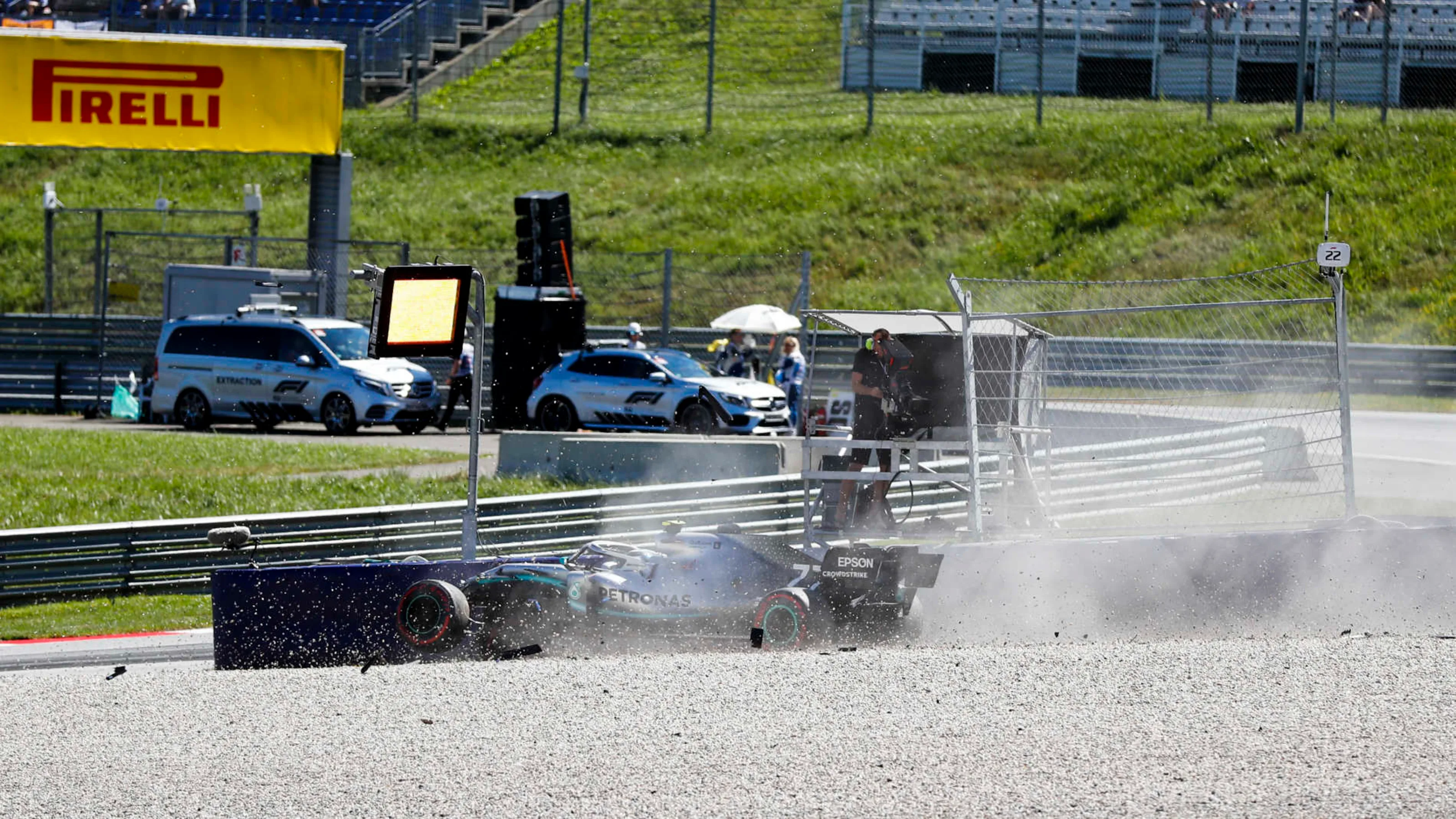 RED BULL RING, AUSTRIA - JUNE 28: Valtteri Bottas, Mercedes AMG W10, loses his car at turn 6 and