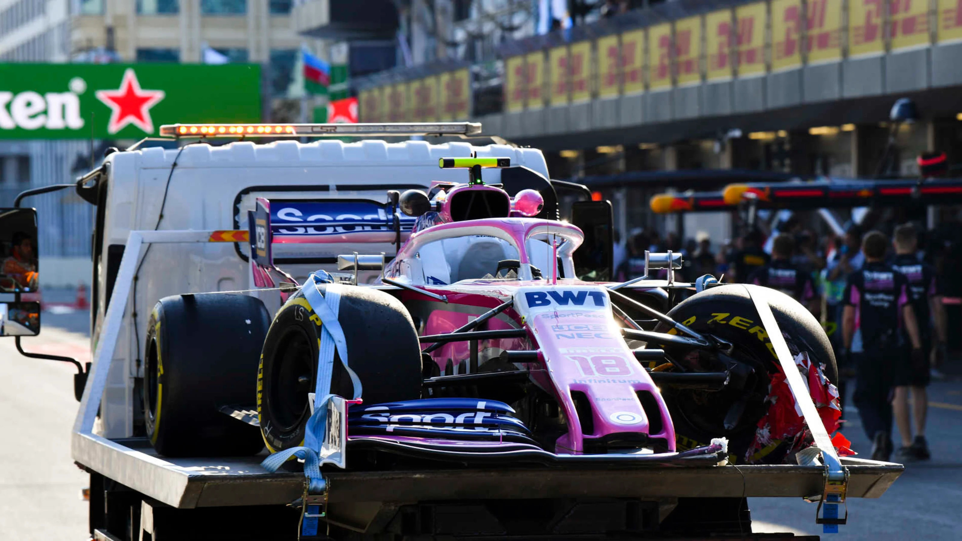 BAKU CITY CIRCUIT, AZERBAIJAN - APRIL 26: Car of Lance Stroll, Racing Point RP19 retuned to the pit