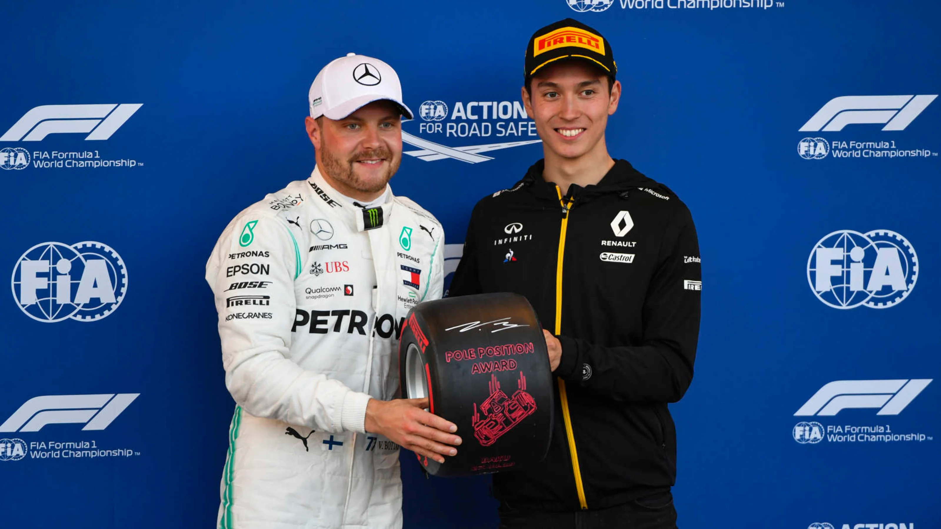 BAKU CITY CIRCUIT, AZERBAIJAN - APRIL 27: Pole man Valtteri Bottas, Mercedes AMG F1, receives his
