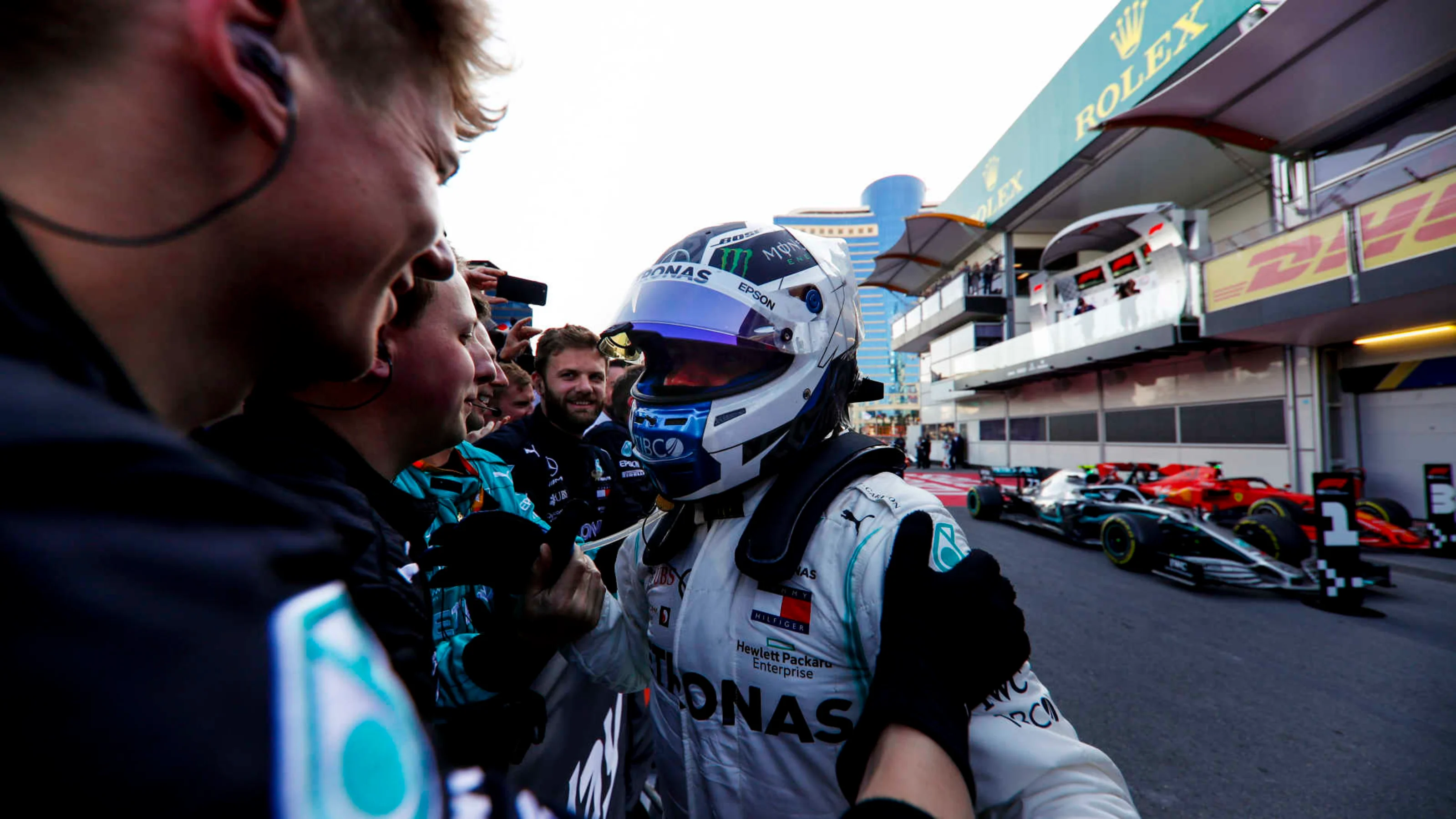 BAKU CITY CIRCUIT, AZERBAIJAN - APRIL 28: Race Winner Valtteri Bottas, Mercedes AMG F1 celebrates