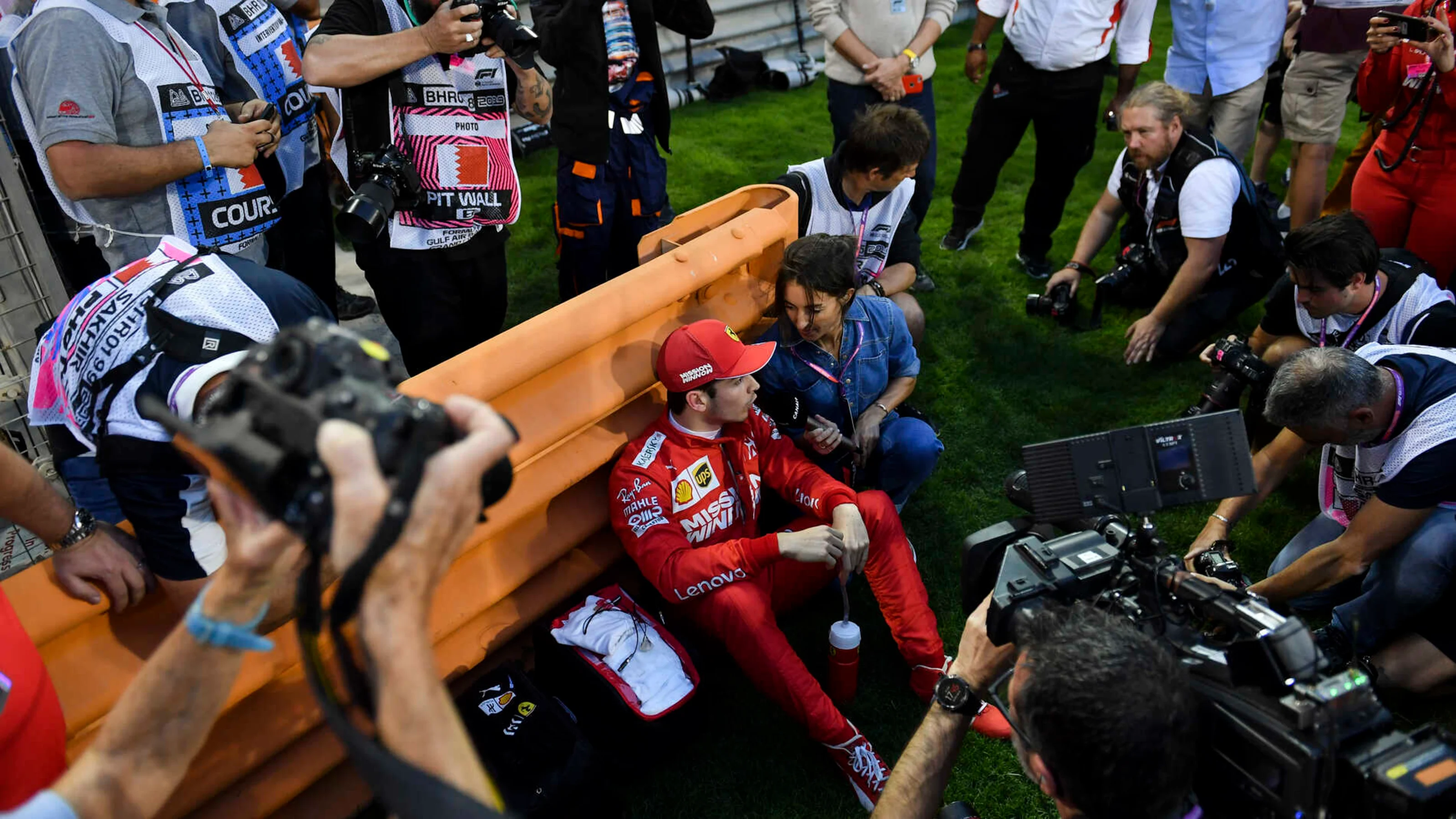 BAHRAIN INTERNATIONAL CIRCUIT, BAHRAIN - MARCH 31: Charles Leclerc, Ferrari speaks with the media