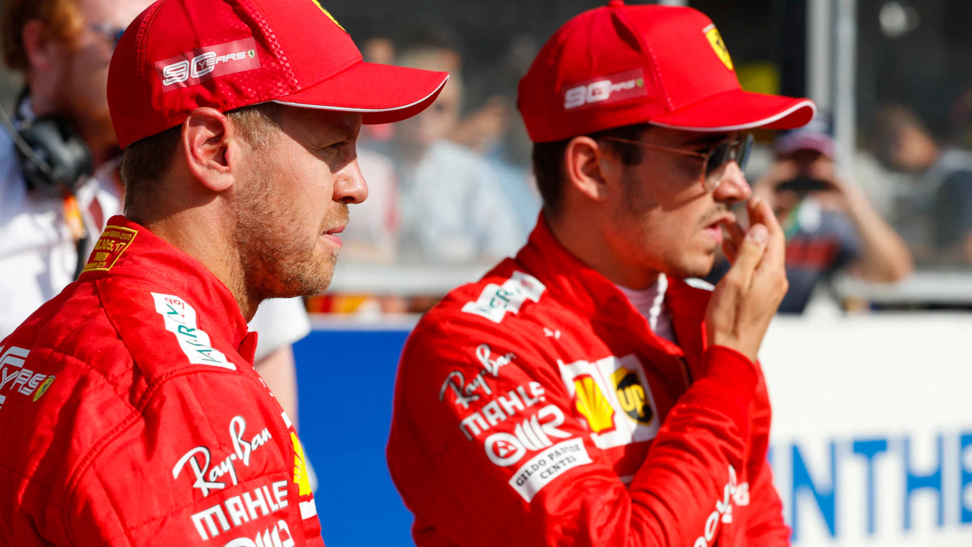 SPA-FRANCORCHAMPS, BELGIUM - AUGUST 31: Pole winner Charles Leclerc, Ferrari, and Sebastian Vettel,