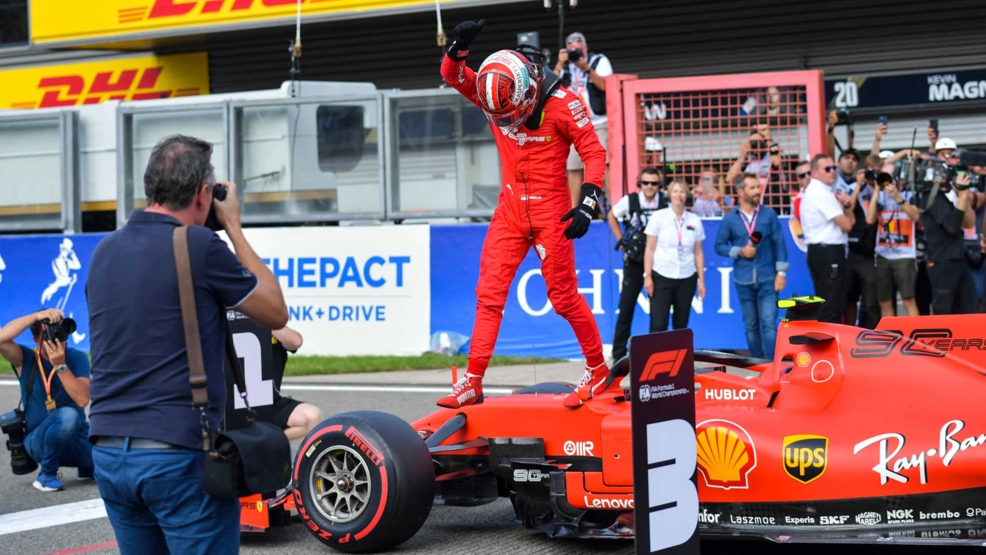 SPA-FRANCORCHAMPS, BELGIUM - AUGUST 31: Charles Leclerc, Ferrari, celebrates pole during the
