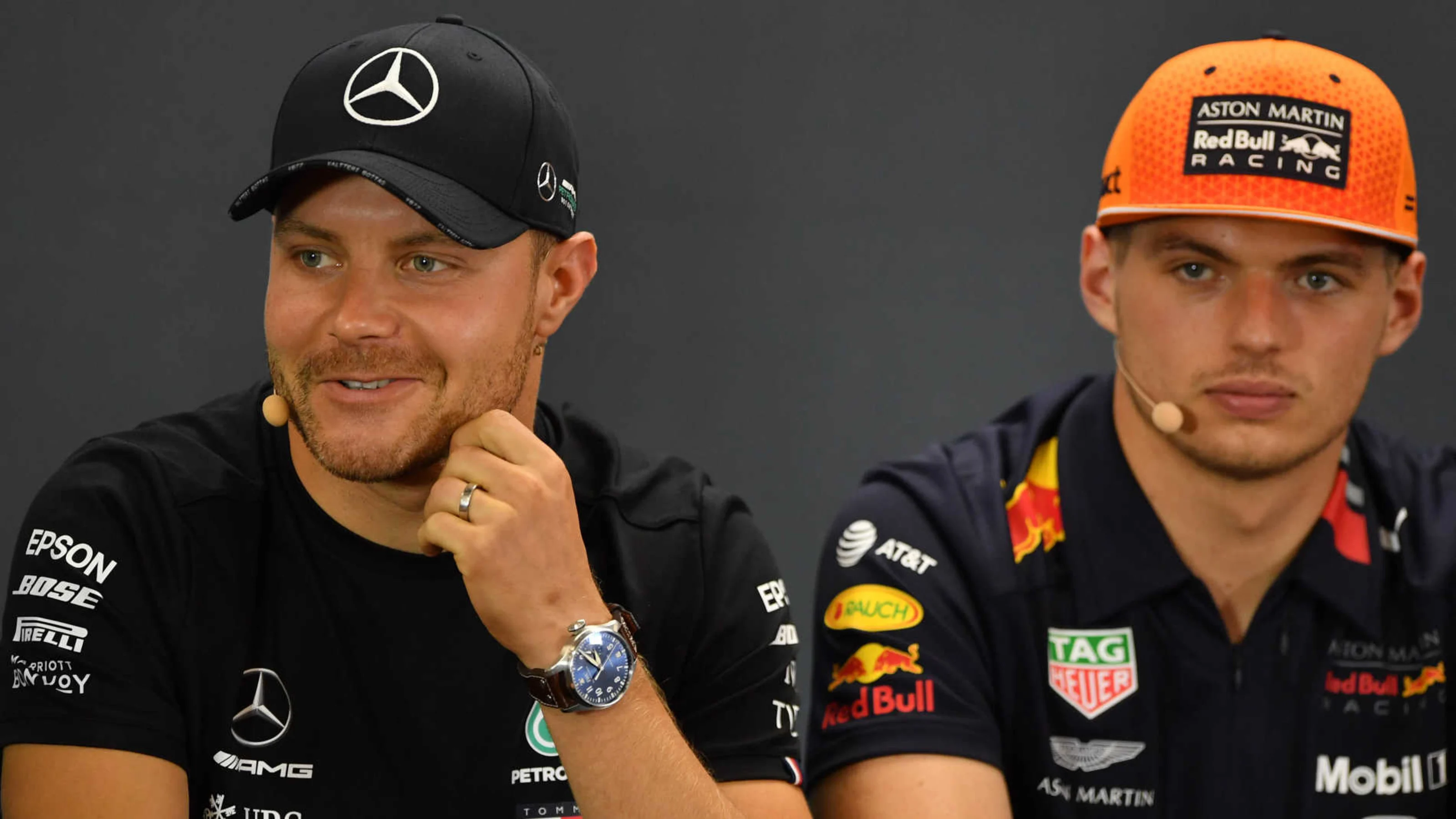 SPA-FRANCORCHAMPS, BELGIUM - AUGUST 29: Max Verstappen, Red Bull Racing, and Valtteri Bottas,