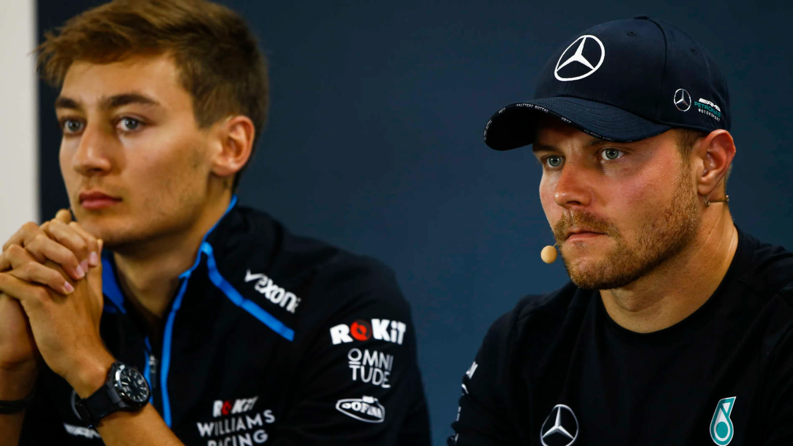 SPA-FRANCORCHAMPS, BELGIUM - AUGUST 29: Valtteri Bottas, Mercedes AMG F1, and George Russell,