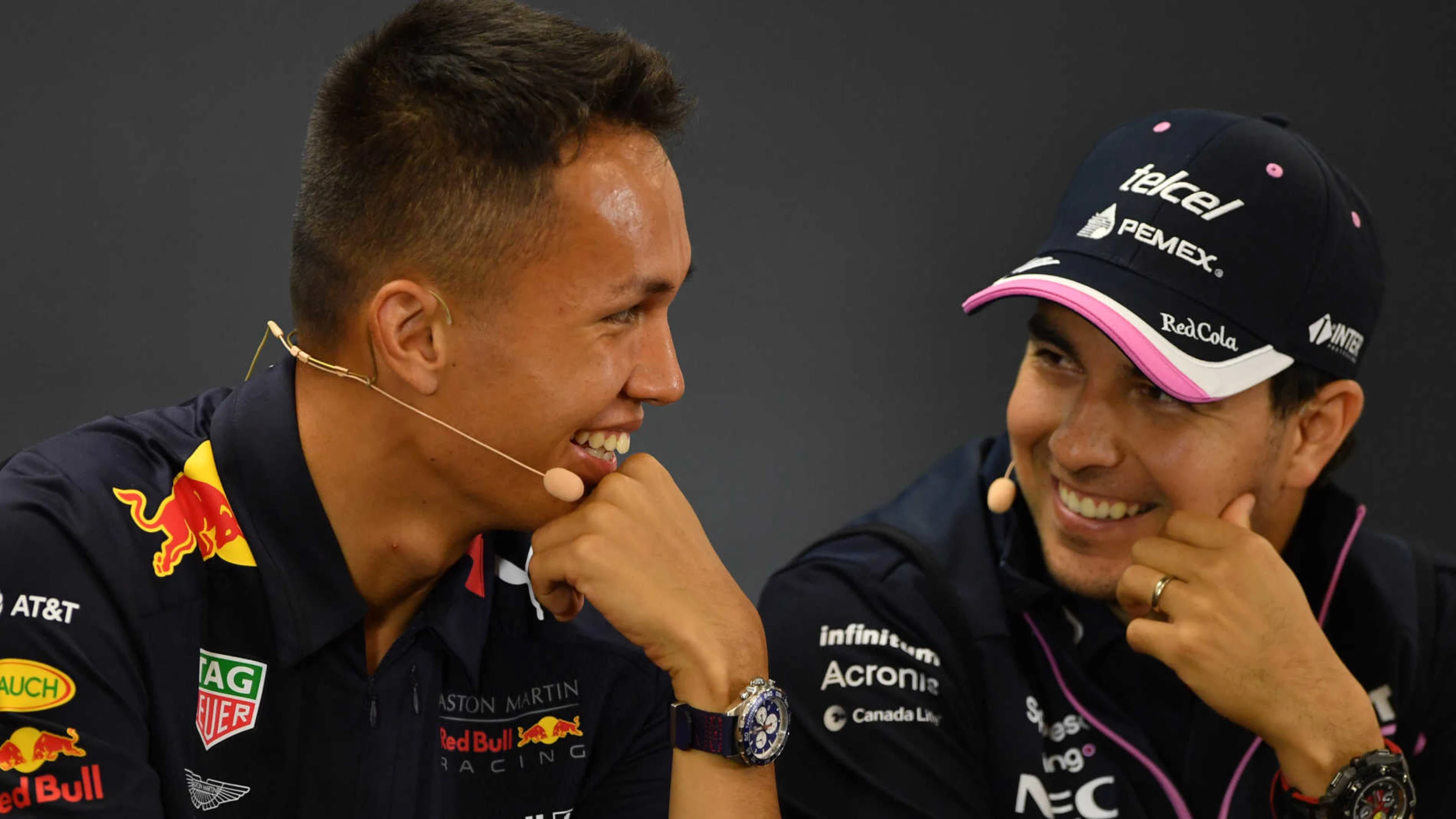 SPA-FRANCORCHAMPS, BELGIUM - AUGUST 29: Alexander Albon, Red Bull, and Sergio Perez, Racing Point