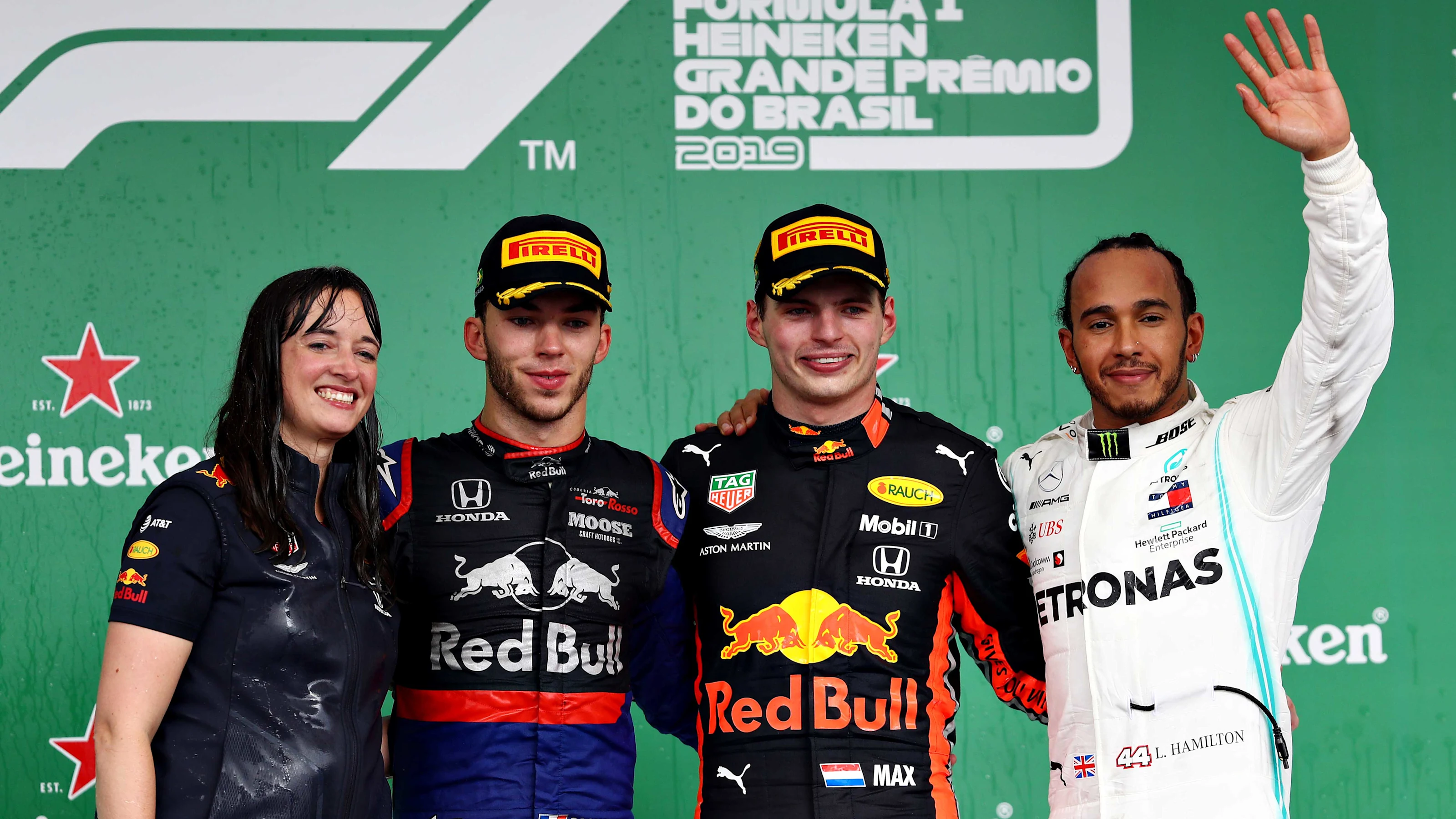 SAO PAULO, BRAZIL - NOVEMBER 17: Top three finishers Max Verstappen of Netherlands and Red Bull