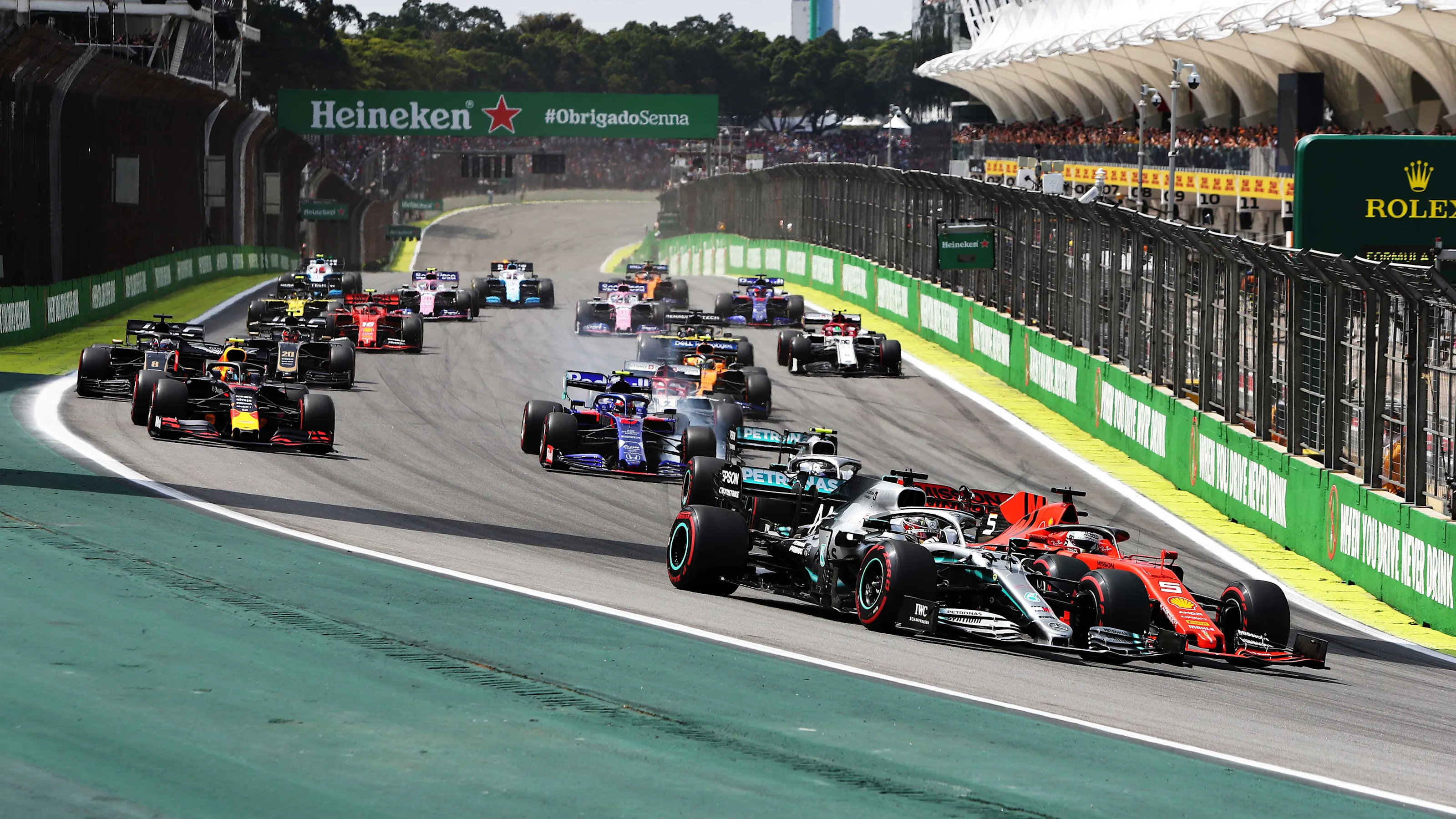SAO PAULO, BRAZIL - NOVEMBER 17: Lewis Hamilton of Great Britain driving the (44) Mercedes AMG