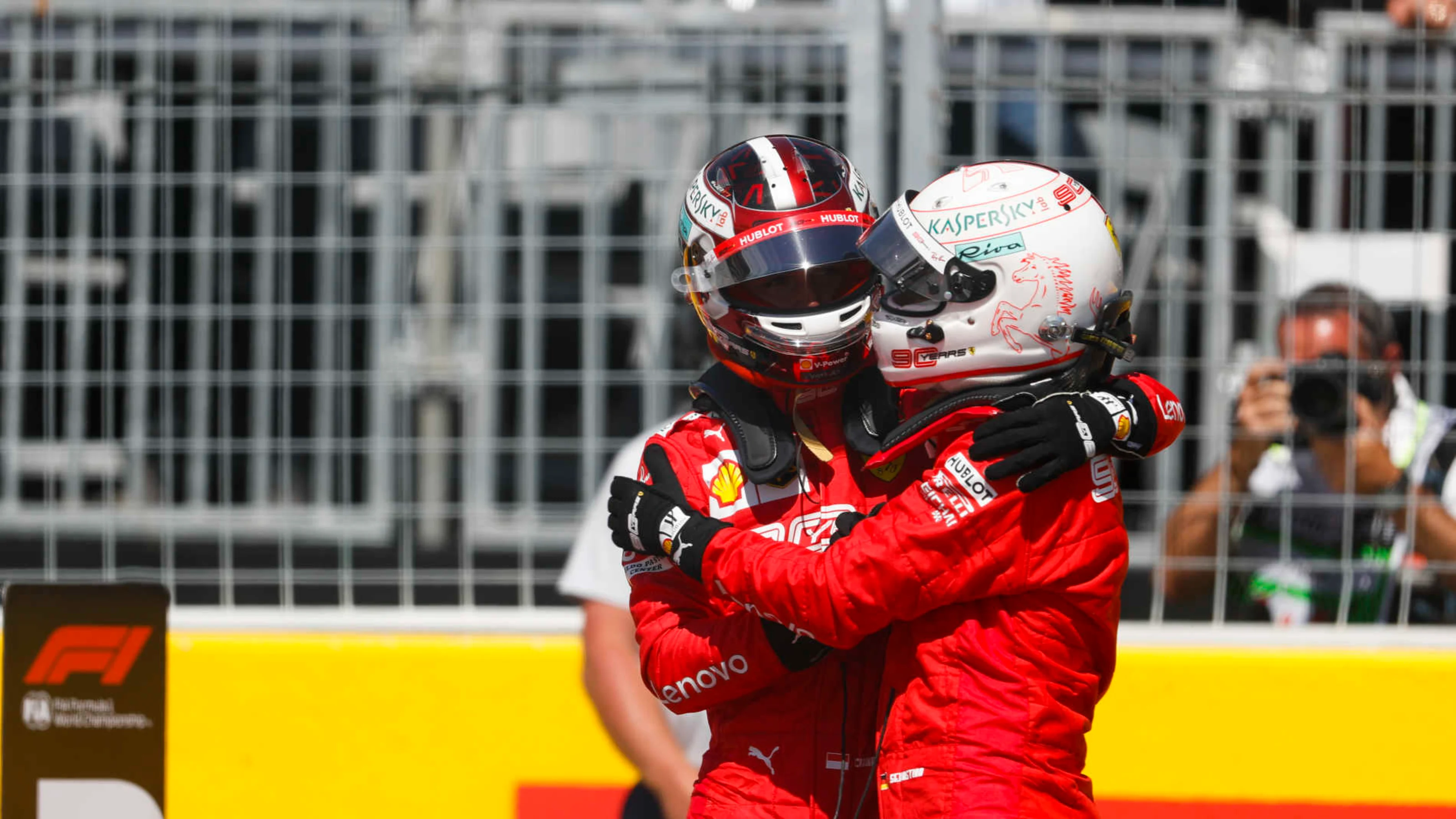CIRCUIT GILLES-VILLENEUVE, CANADA - JUNE 08: Charles Leclerc, Ferrari, congratulates his team mate,