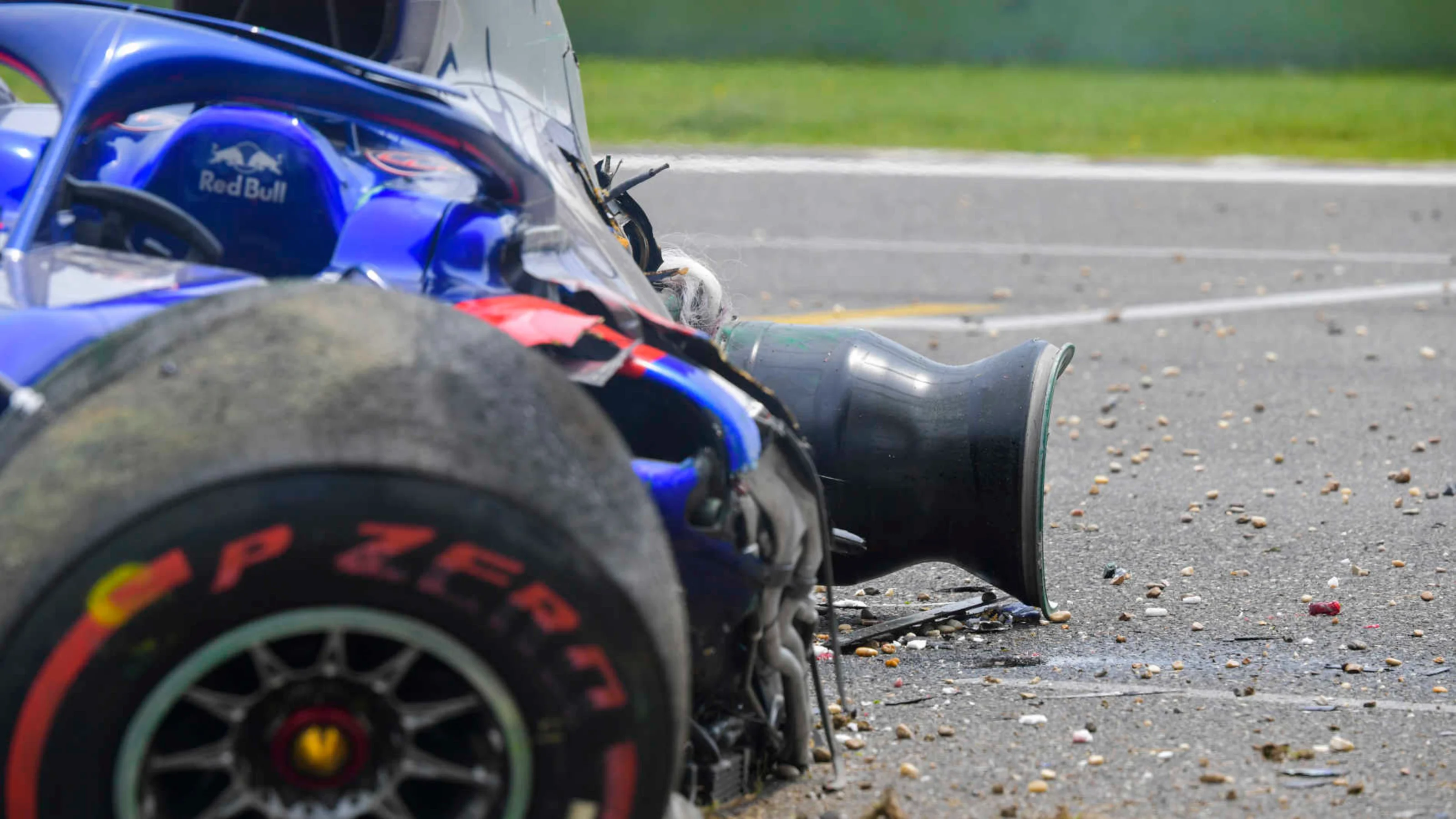 SHANGHAI INTERNATIONAL CIRCUIT, CHINA - APRIL 13: The damaged car of Alexander Albon, Toro Rosso