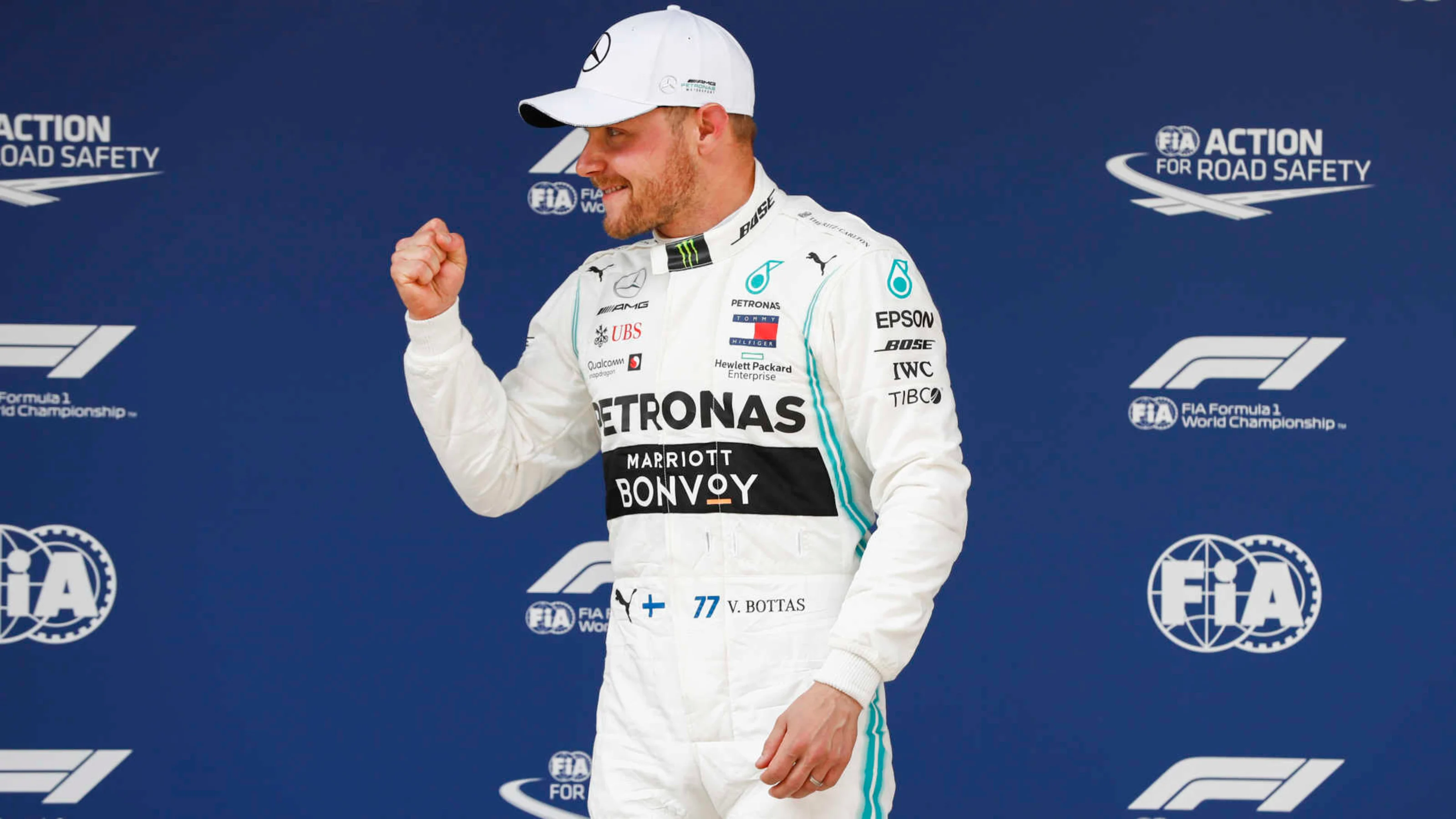 SHANGHAI INTERNATIONAL CIRCUIT, CHINA - APRIL 13: Valtteri Bottas, Mercedes AMG F1 celebrates pole