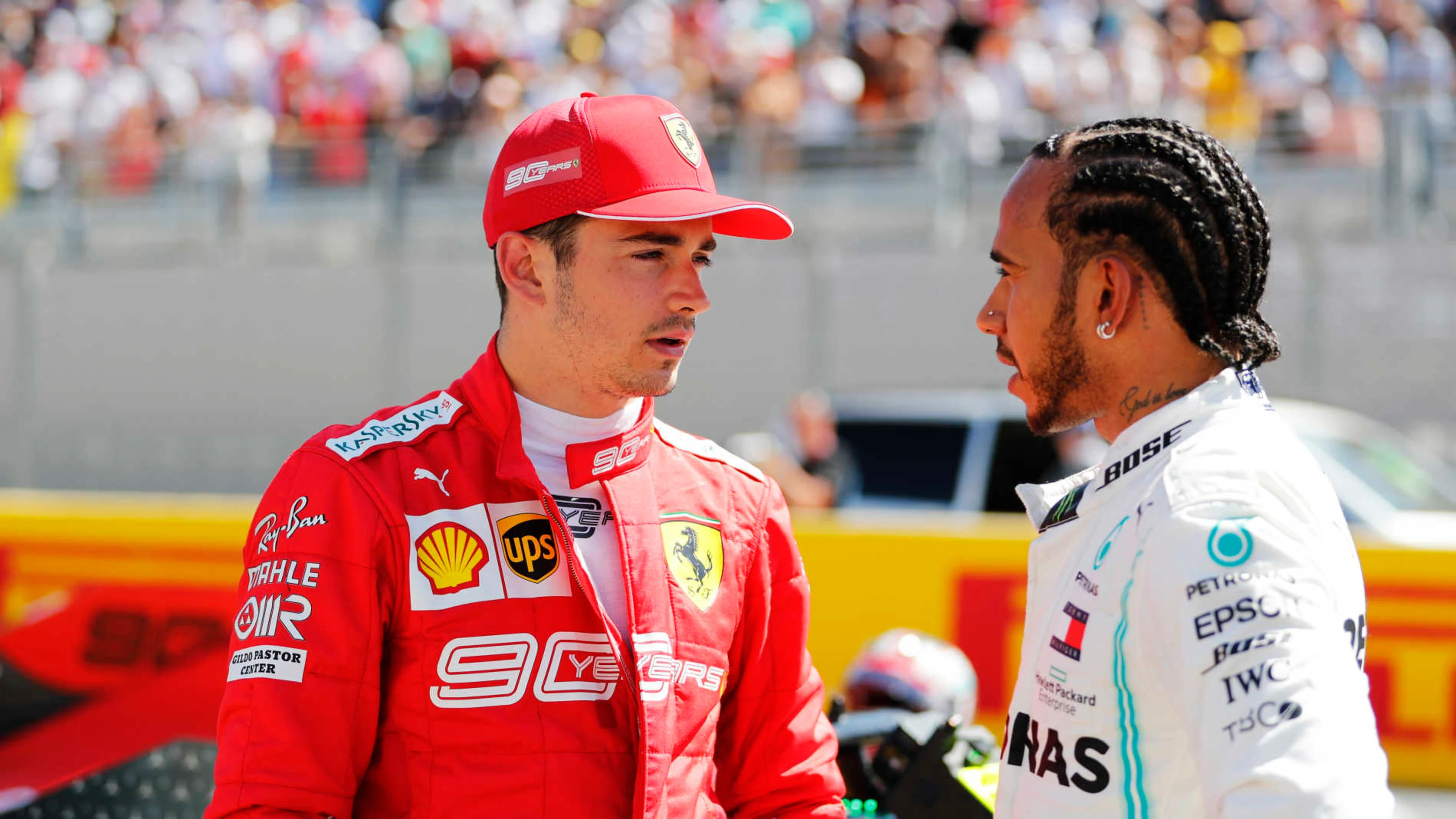 CIRCUIT PAUL RICARD, FRANCE - JUNE 22: Charles Leclerc, Ferrari, and Lewis Hamilton, Mercedes AMG