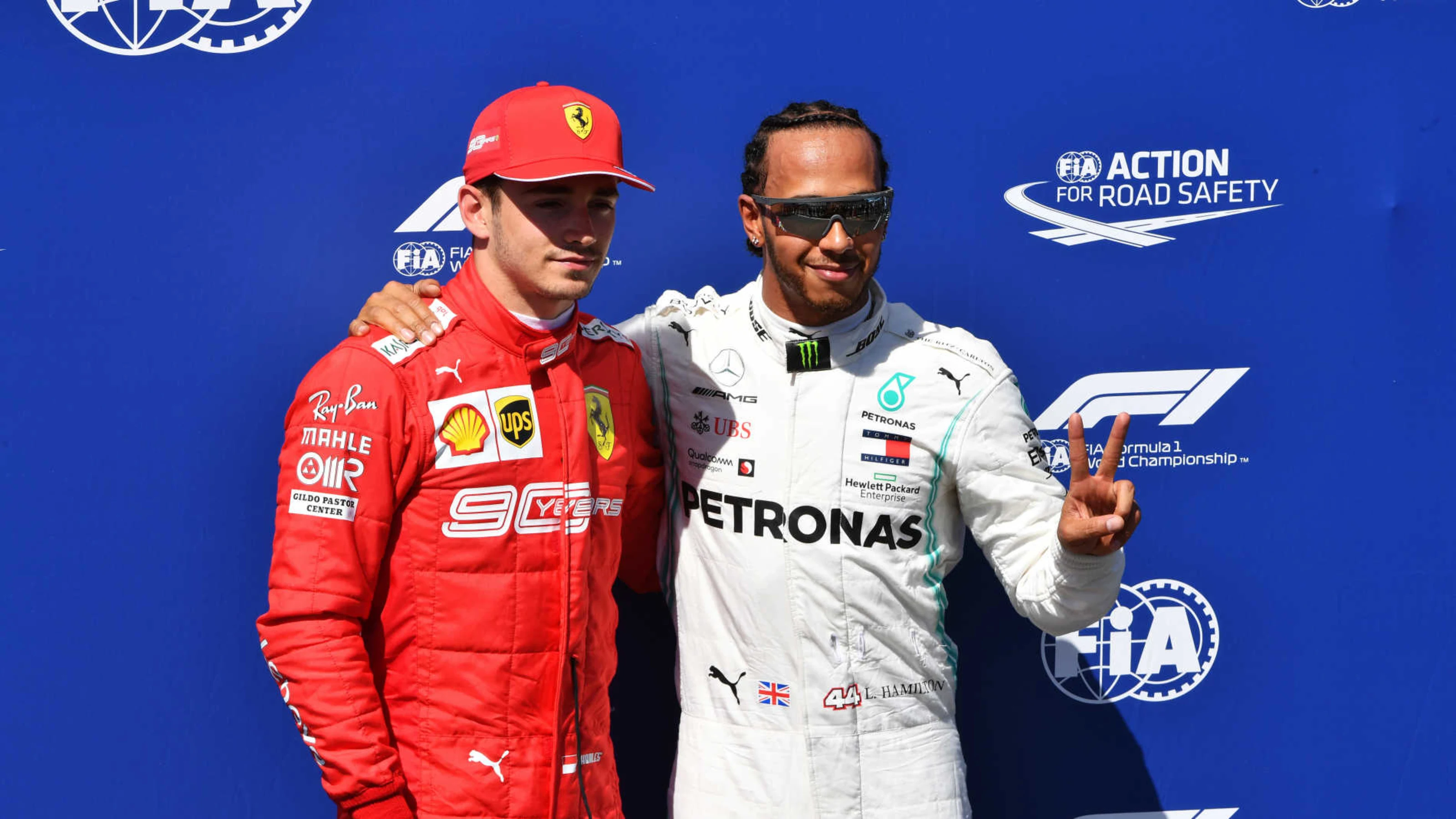CIRCUIT PAUL RICARD, FRANCE - JUNE 22: Charles Leclerc, Ferrari, and pole man Lewis Hamilton,