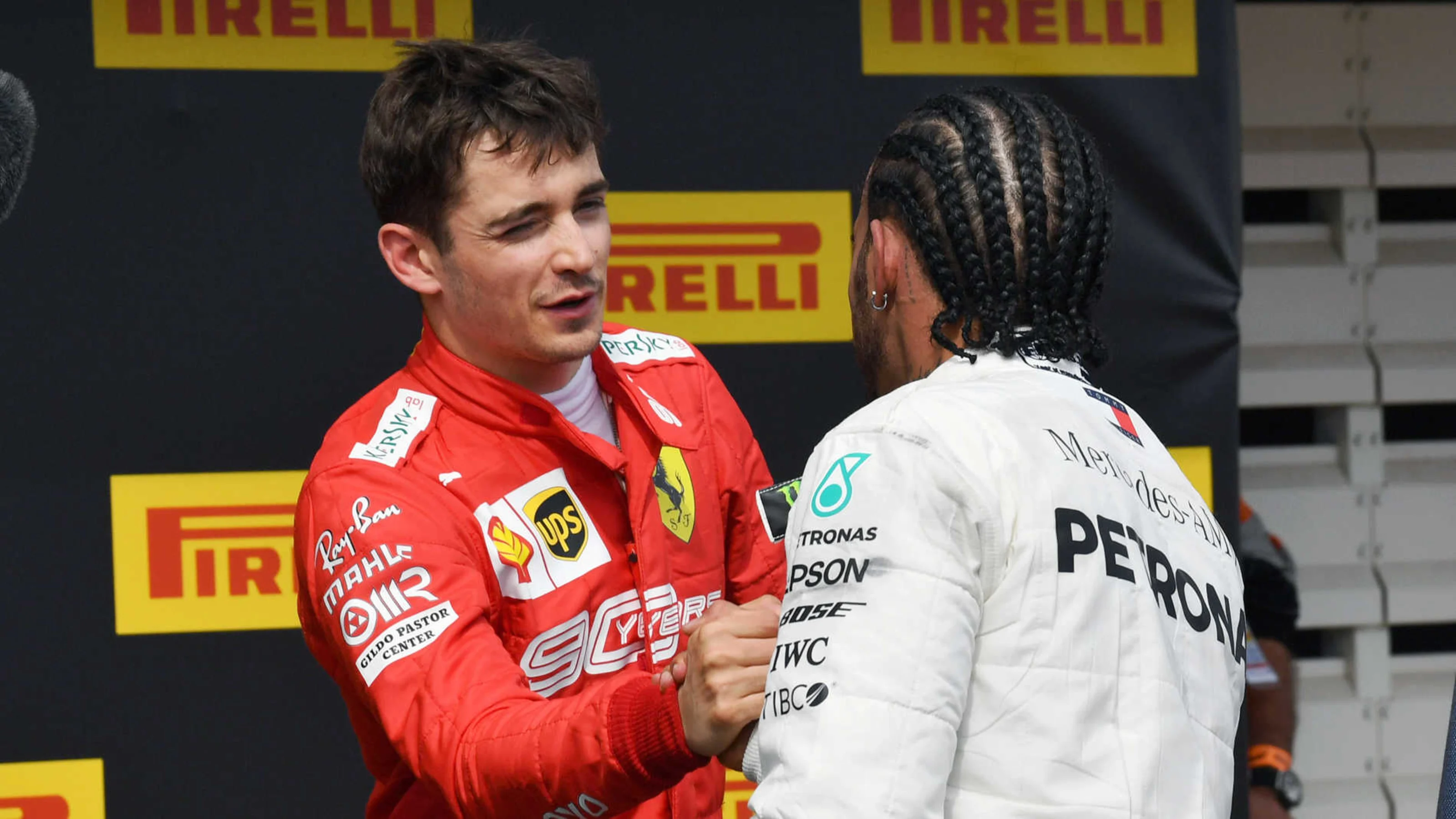 CIRCUIT PAUL RICARD, FRANCE - JUNE 23: Charles Leclerc, Ferrari, 3rd position, congratulates Lewis