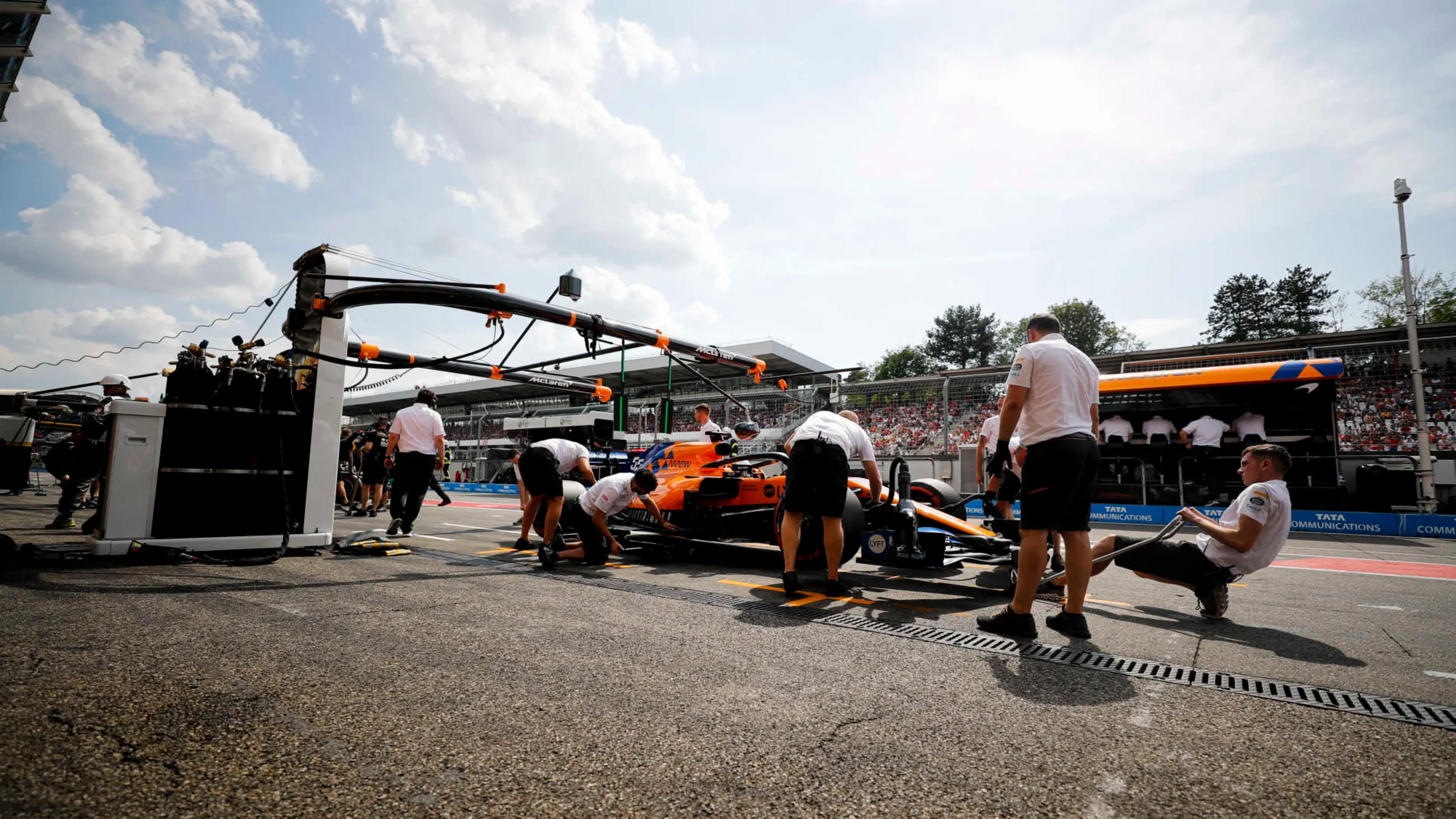 HOCKENHEIMRING, GERMANY - JULY 27: Carlos Sainz Jr., McLaren MCL34, in the pits during Qualifying