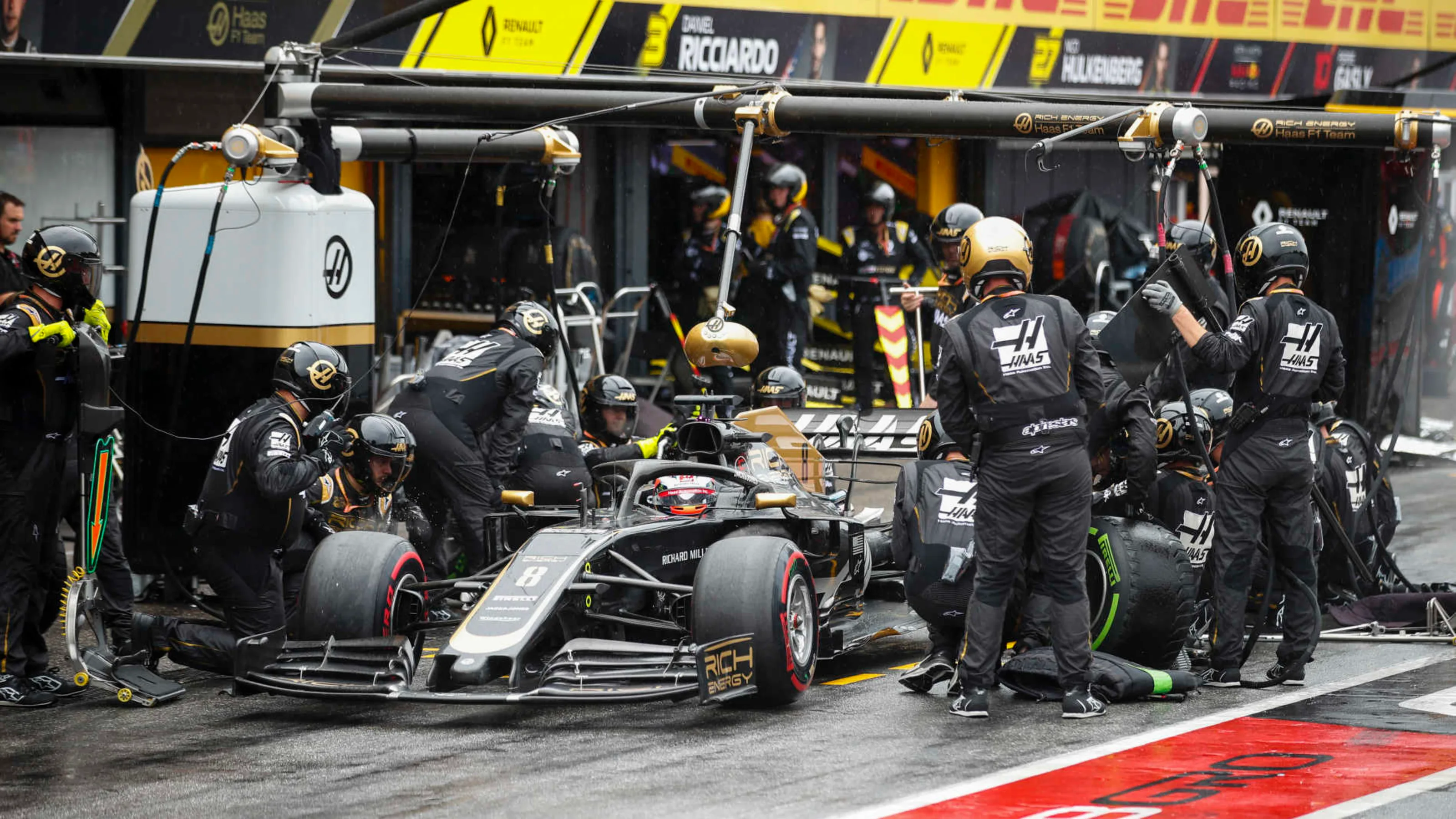 HOCKENHEIMRING, GERMANY - JULY 28: Romain Grosjean, Haas VF-19 pit stop during the German GP at