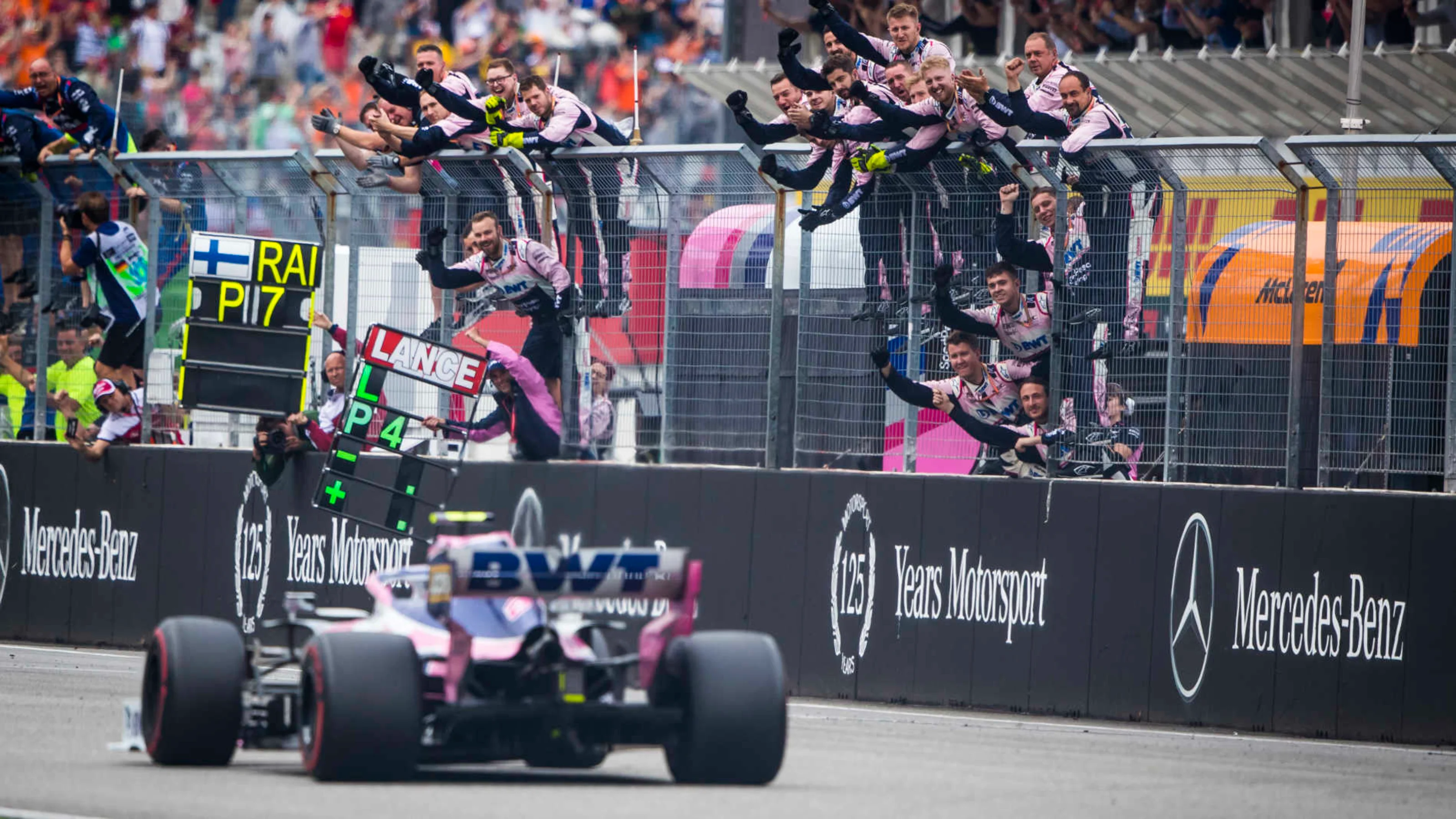 HOCKENHEIMRING, GERMANY - JULY 28: The Racing Point team cheer Lance Stroll, Racing Point RP19,