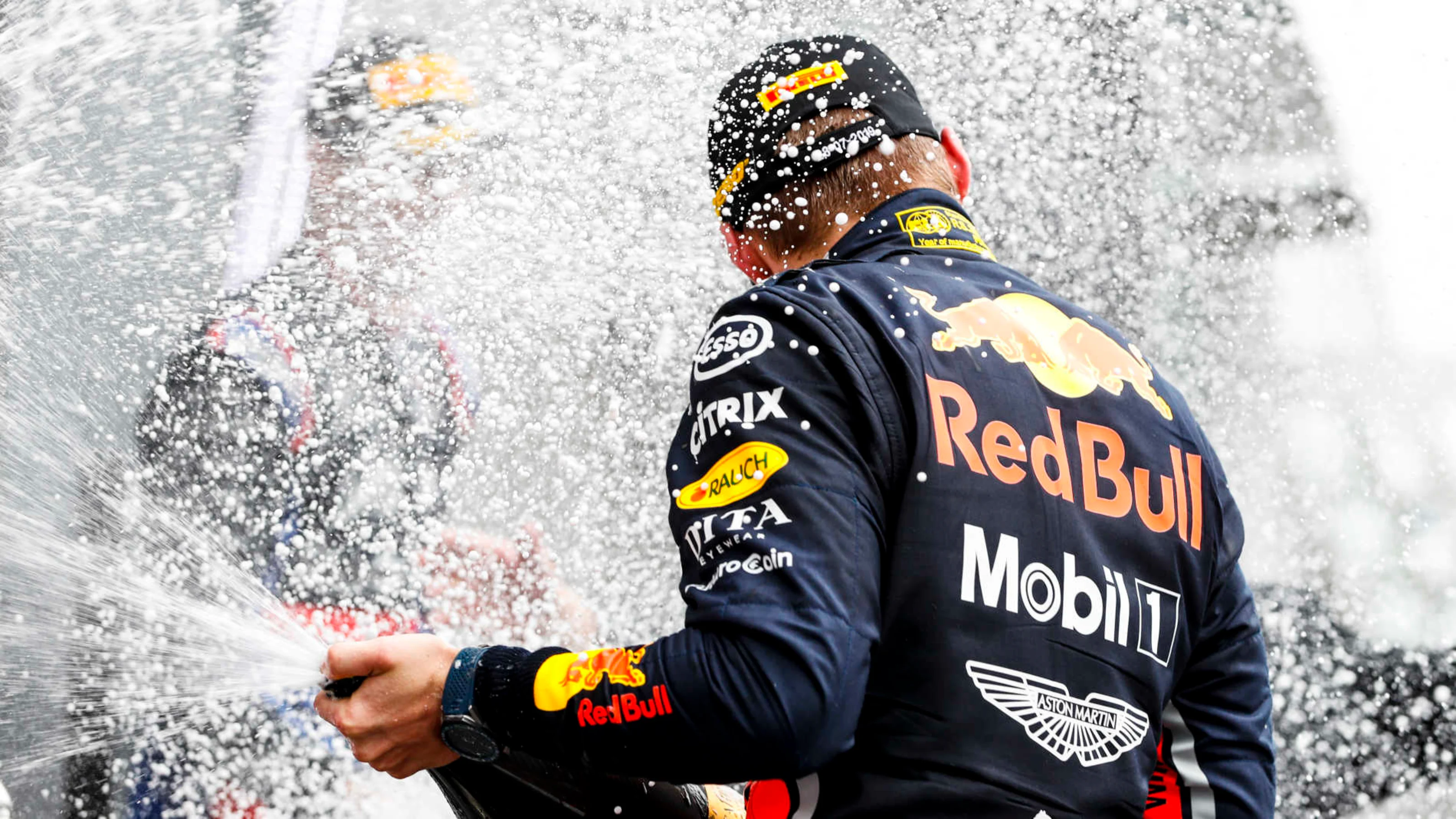 HOCKENHEIMRING, GERMANY - JULY 28: Max Verstappen, Red Bull Racing, 1st position, sprays Champagne