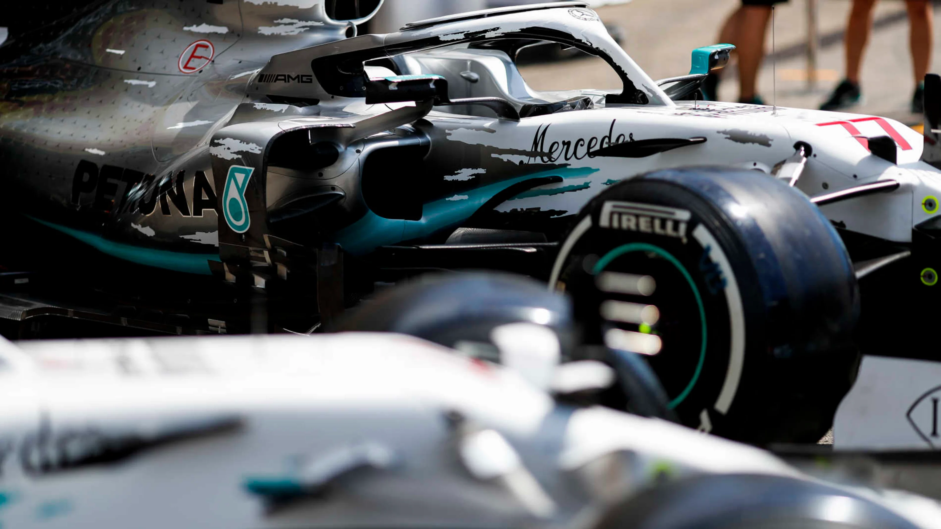 HOCKENHEIMRING, GERMANY - JULY 25: Mercedes AMG F1 W10 with special 125th year in motorsport livery