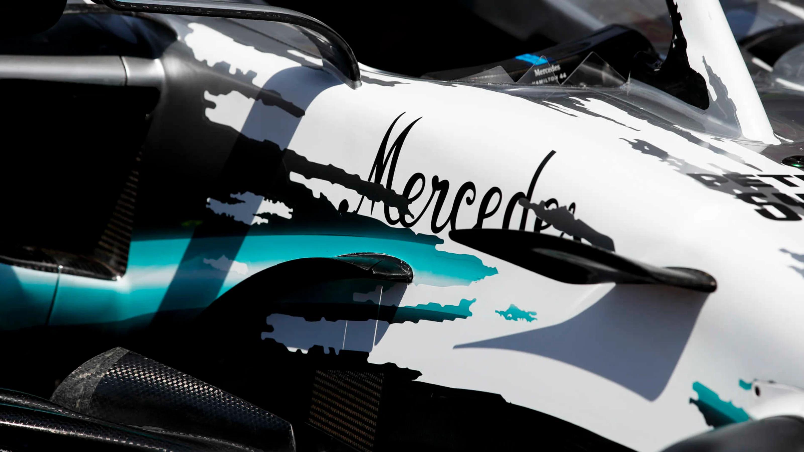 HOCKENHEIMRING, GERMANY - JULY 25: Mercedes AMG F1 W10 with special 125th year in motorsport livery