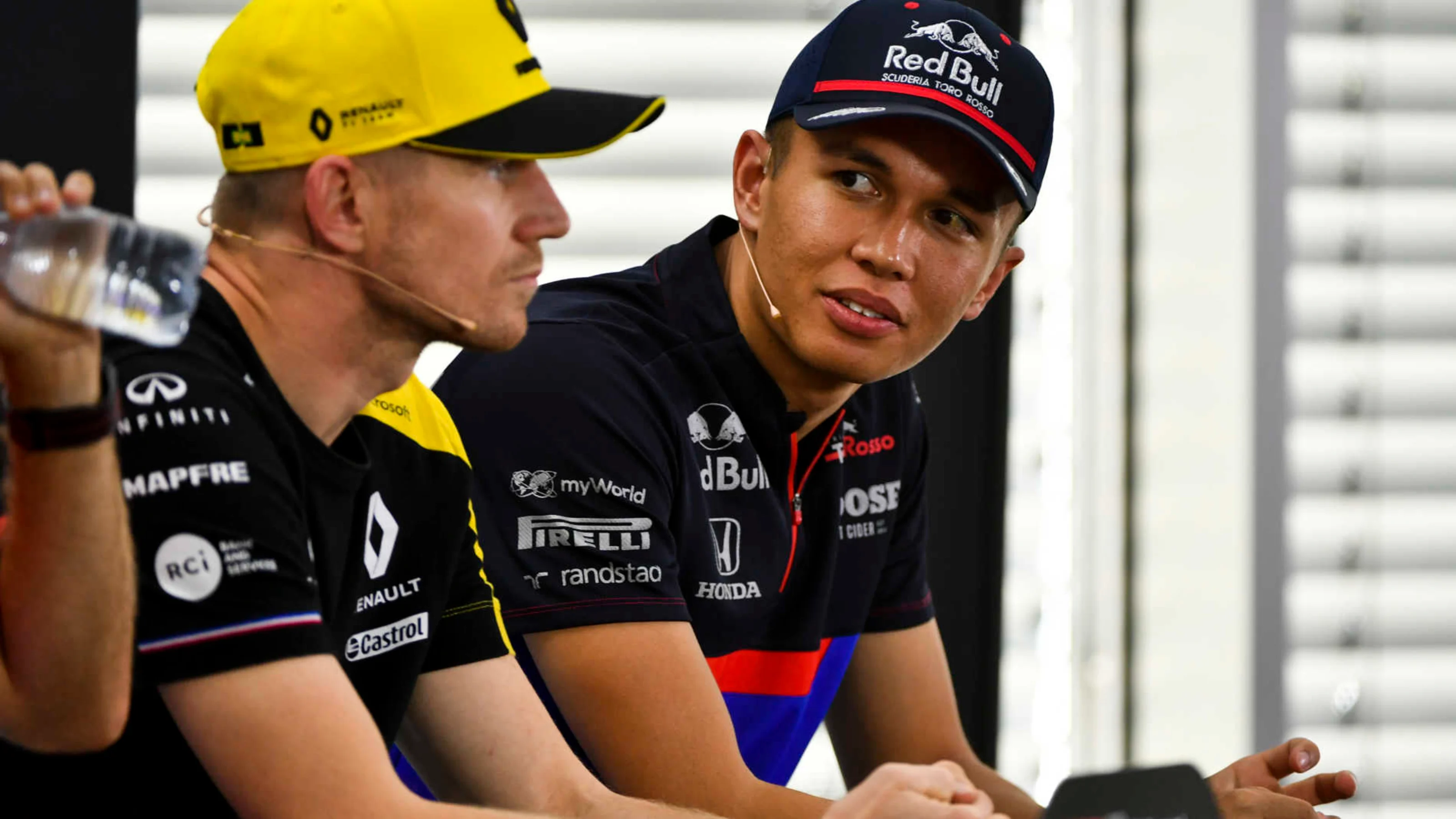 HOCKENHEIMRING, GERMANY - JULY 25: Alexander Albon, Toro Rosso and Nico Hulkenberg, Renault F1 Team